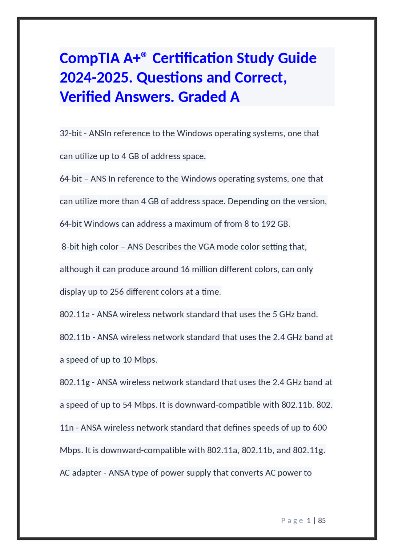 Comptia A Certification Study Guide 2024 2025 Questions And Correct Comptia A Certification Study Guide 2024 2025 Questions And Correct