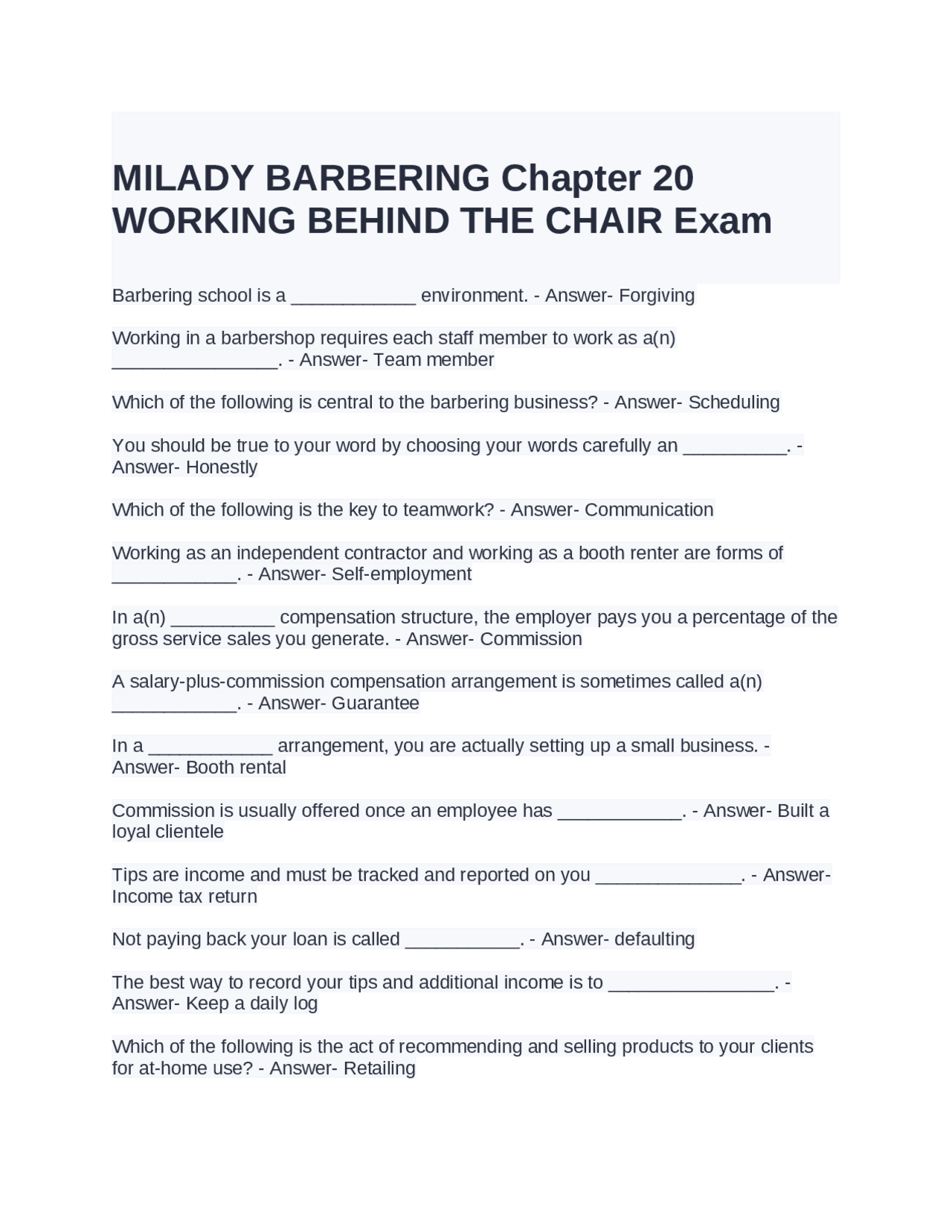 MILADY BARBERING Chapter 20 WORKING BEHIND THE CHAIR Exam QUESTIONS ND  ANSWERS | Exams Advanced Education