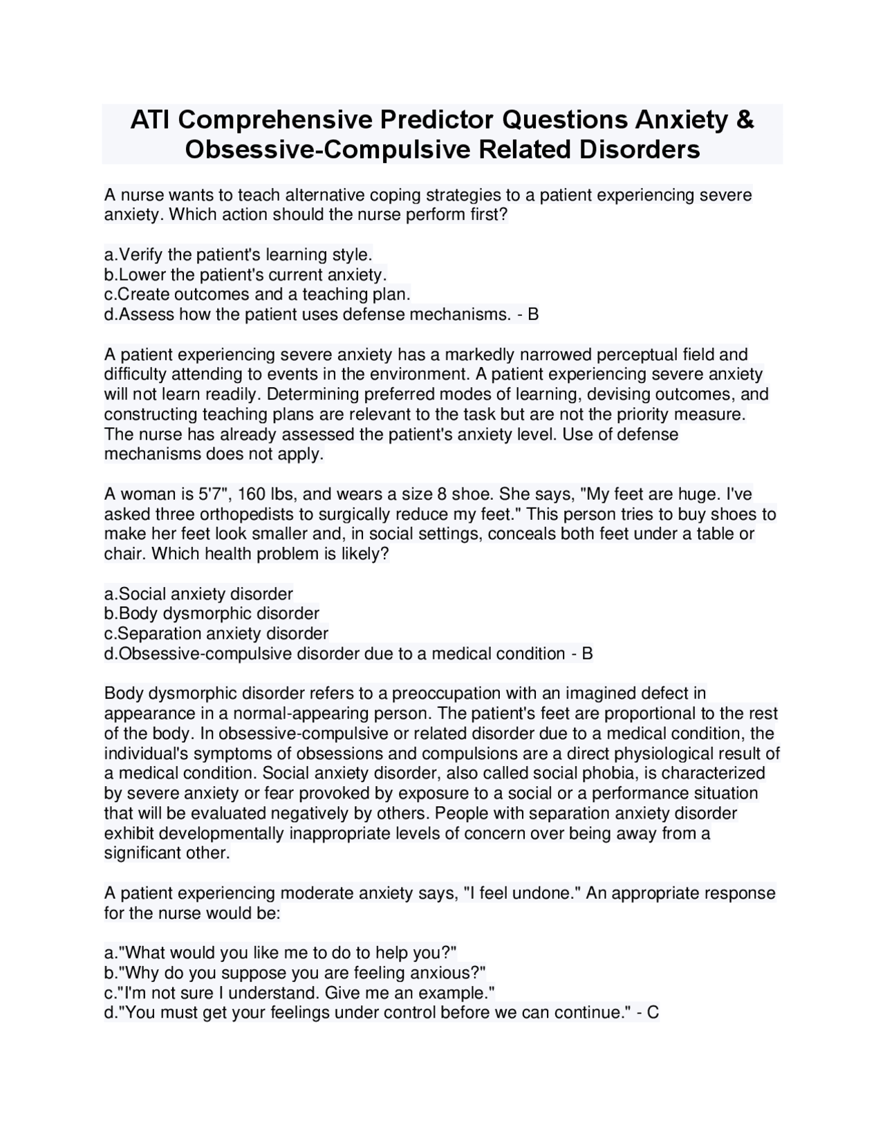 ATI Comprehensive Predictor Questions: Anxiety & Obsessive-Compulsive ...