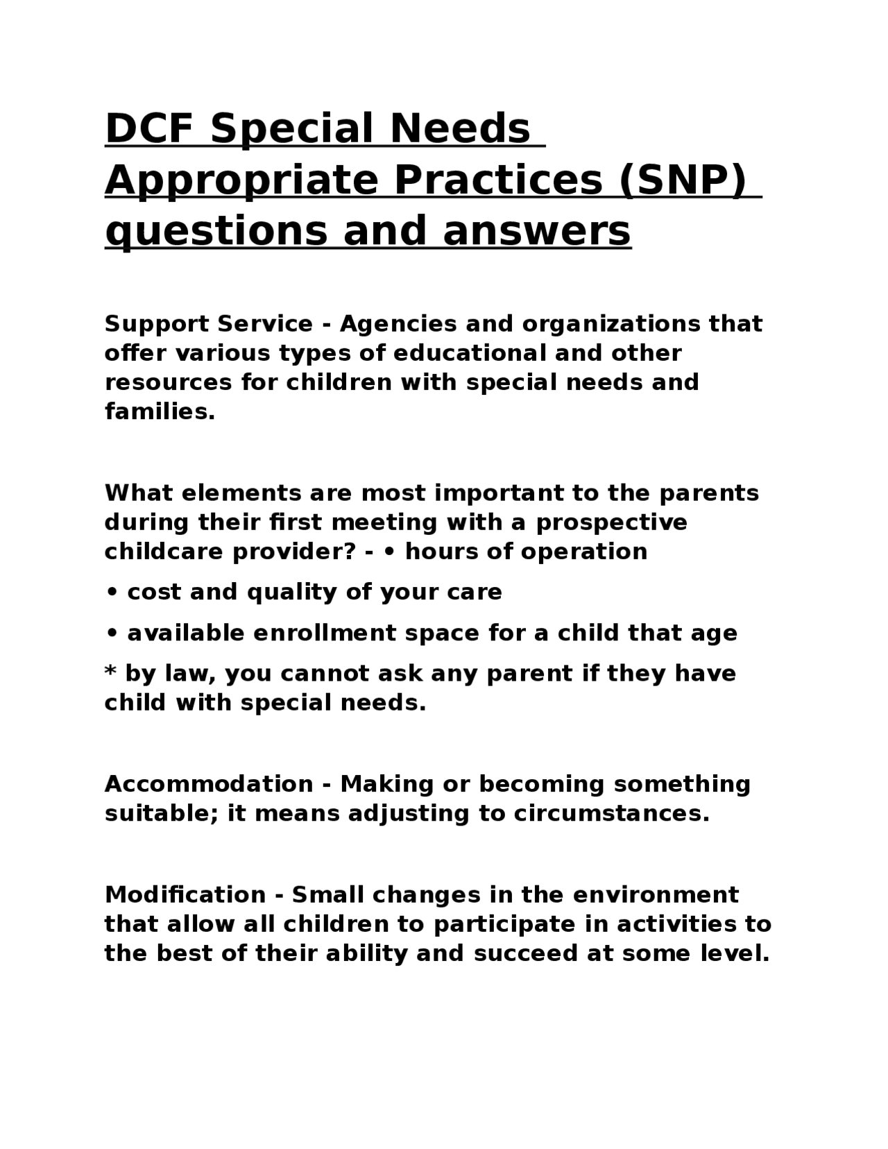 DCF Special Needs Appropriate Practices (SNP) questions and answers ...