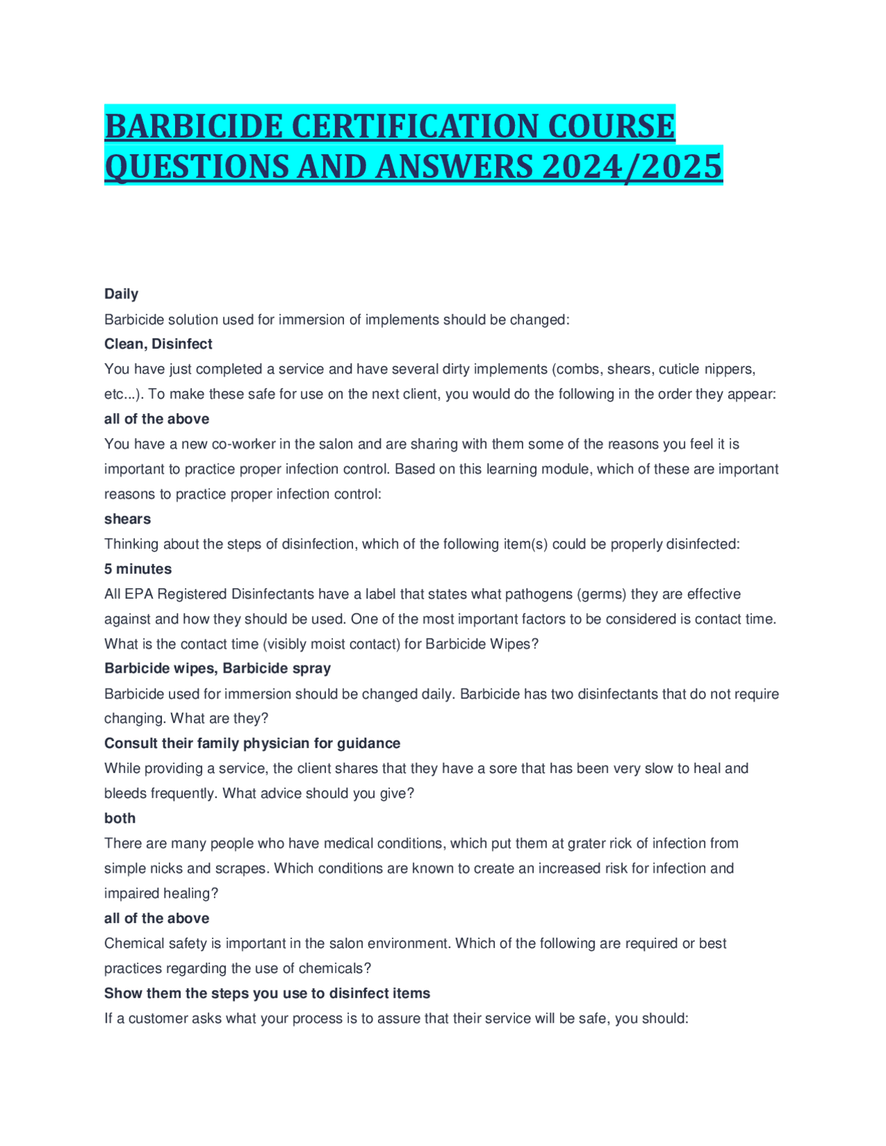 BARBICIDE CERTIFICATION COURSE QUESTIONS AND ANSWERS 2024/2025