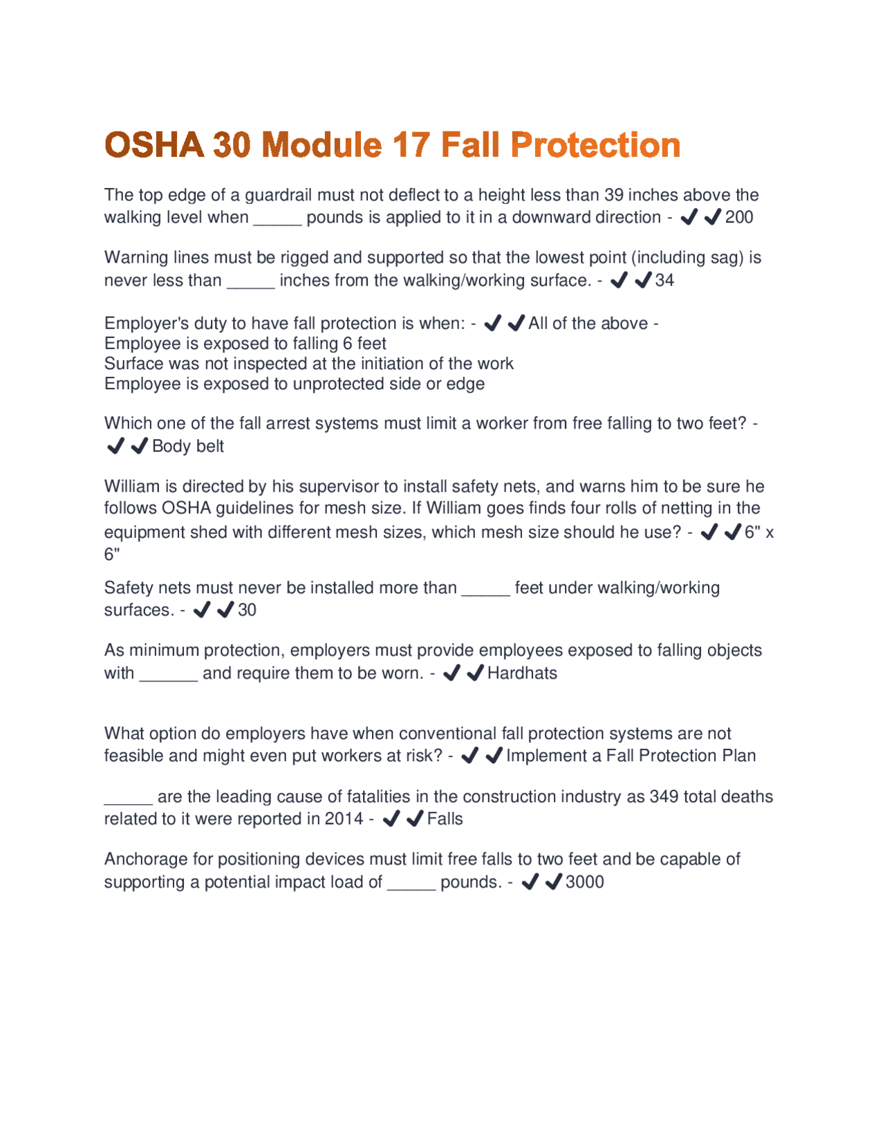 OSHA 30 Module 17 Fall Protection Questions and Answers Fully Solved ...