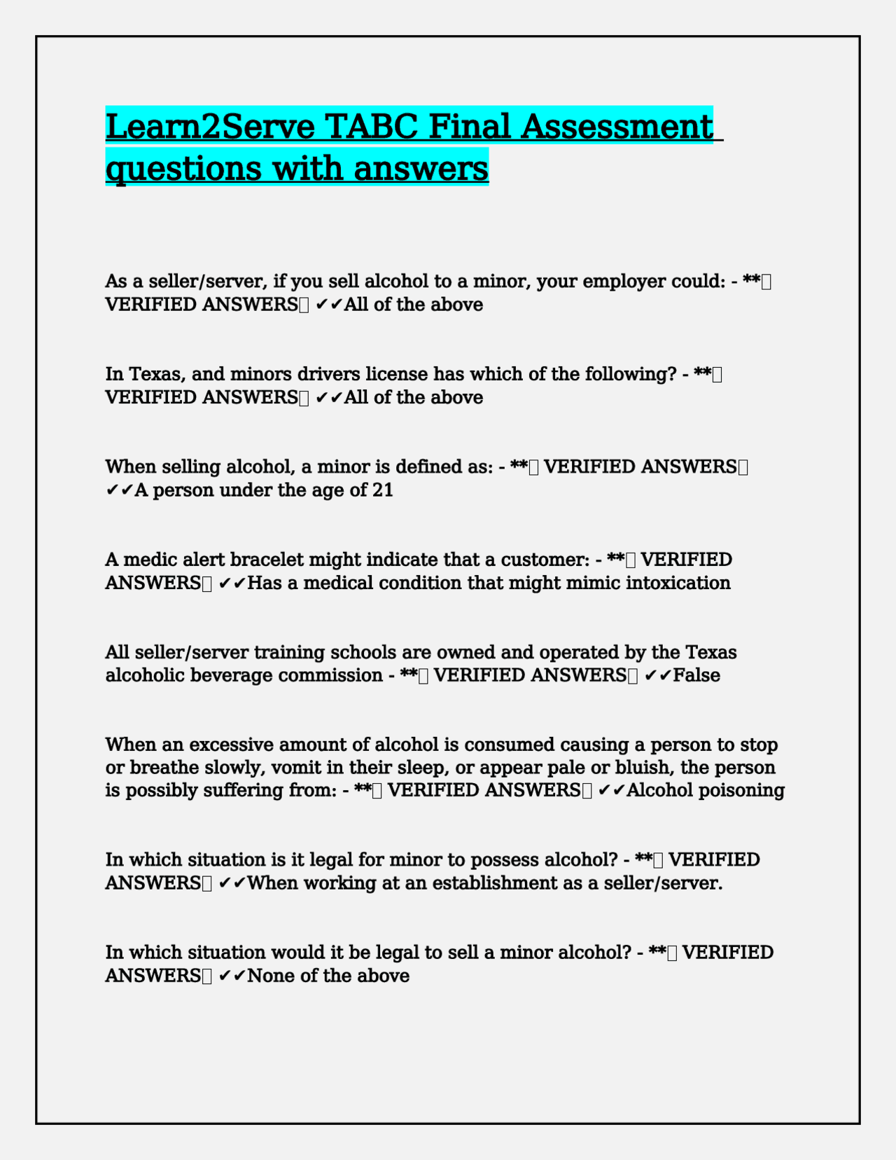 Tab Testing Questions Learn2Serve TABC Final Assessment questions with answers | Exams Food ...
