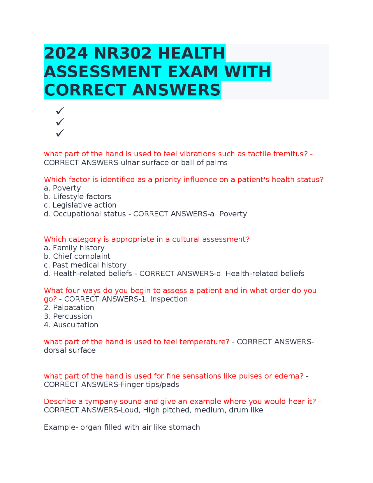 2024 NR302 HEALTH ASSESSMENT EXAM WITH CORRECT ANSWERS | Exams Advanced ...