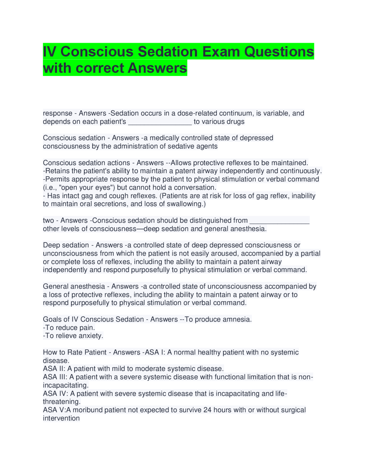 IV Conscious Sedation Exam Questions and Answers | Exams Advanced ...