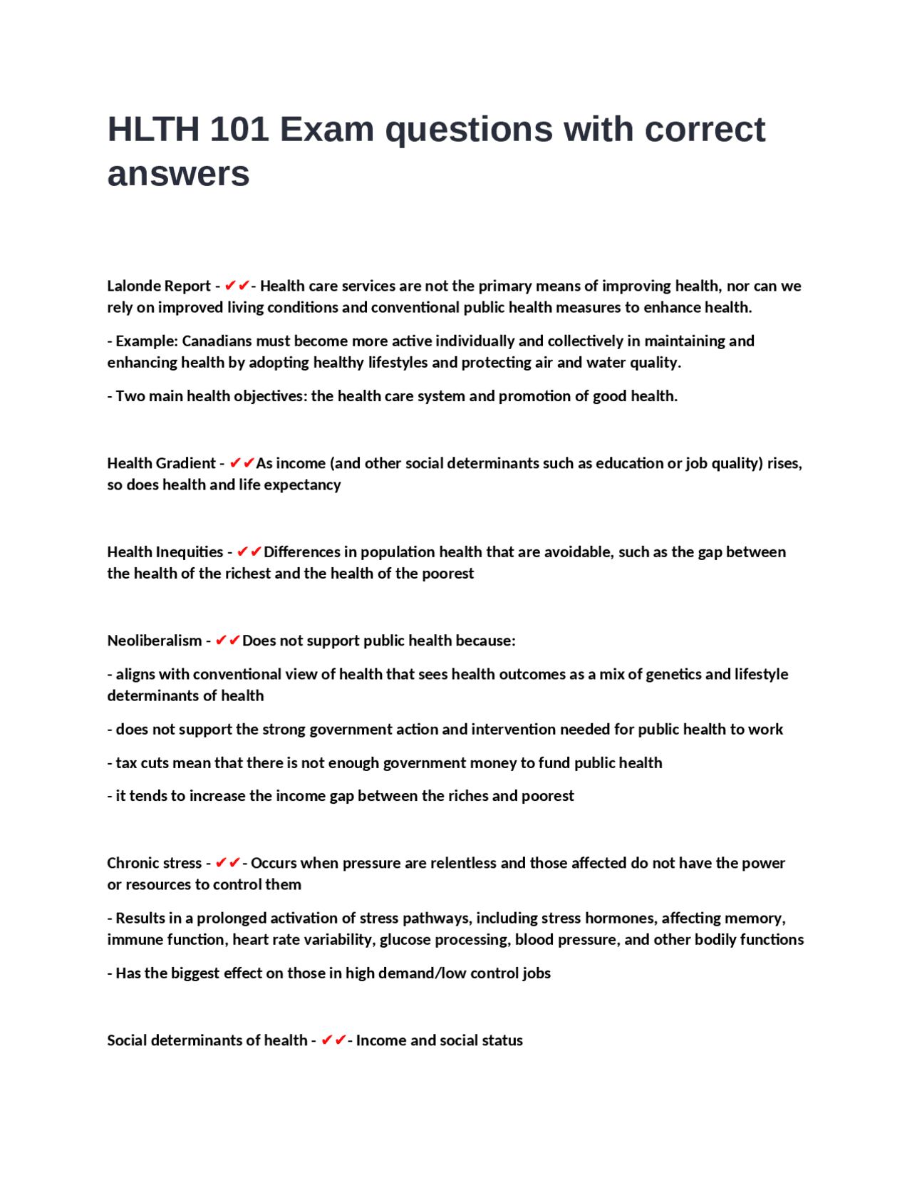 Hlth 101 Exam Questions And Answers Social Determinants Of Health