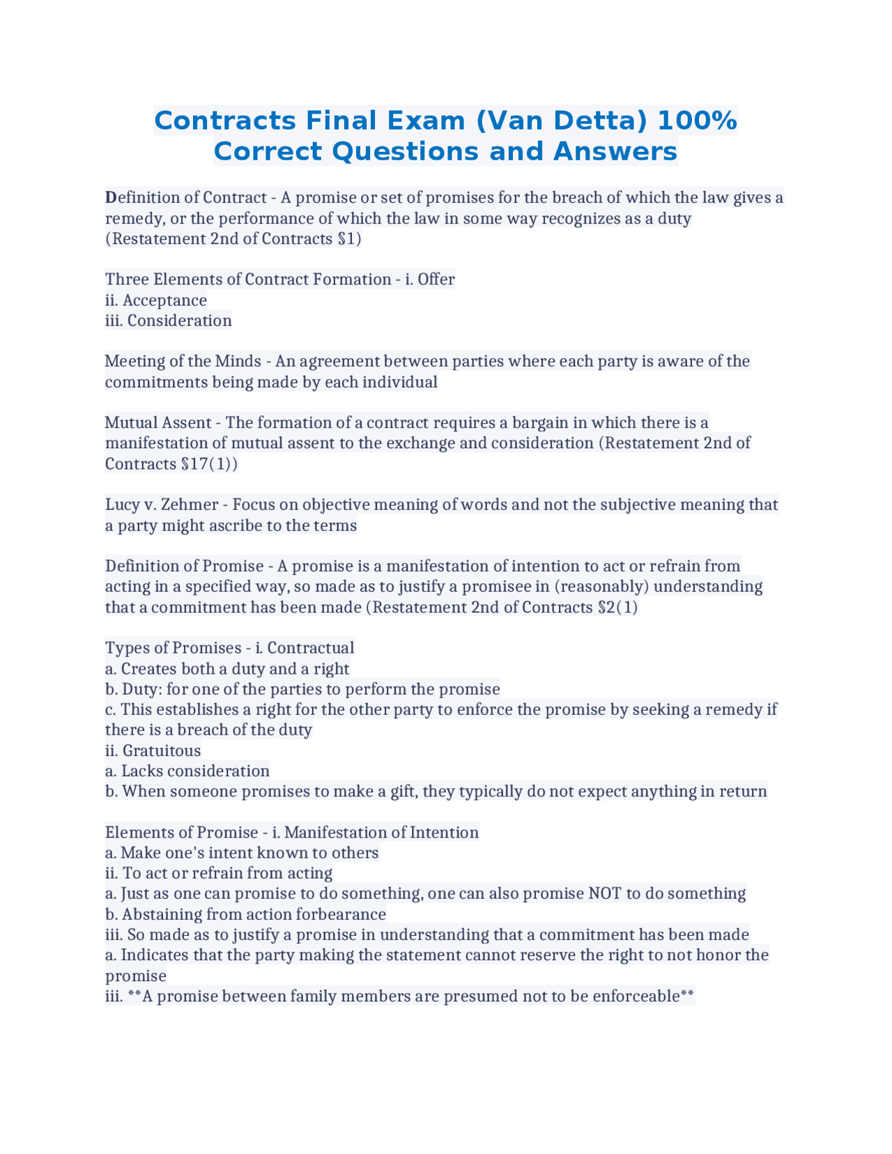 Contracts Final Exam: Key Concepts and Exercises | Exams Law | Docsity