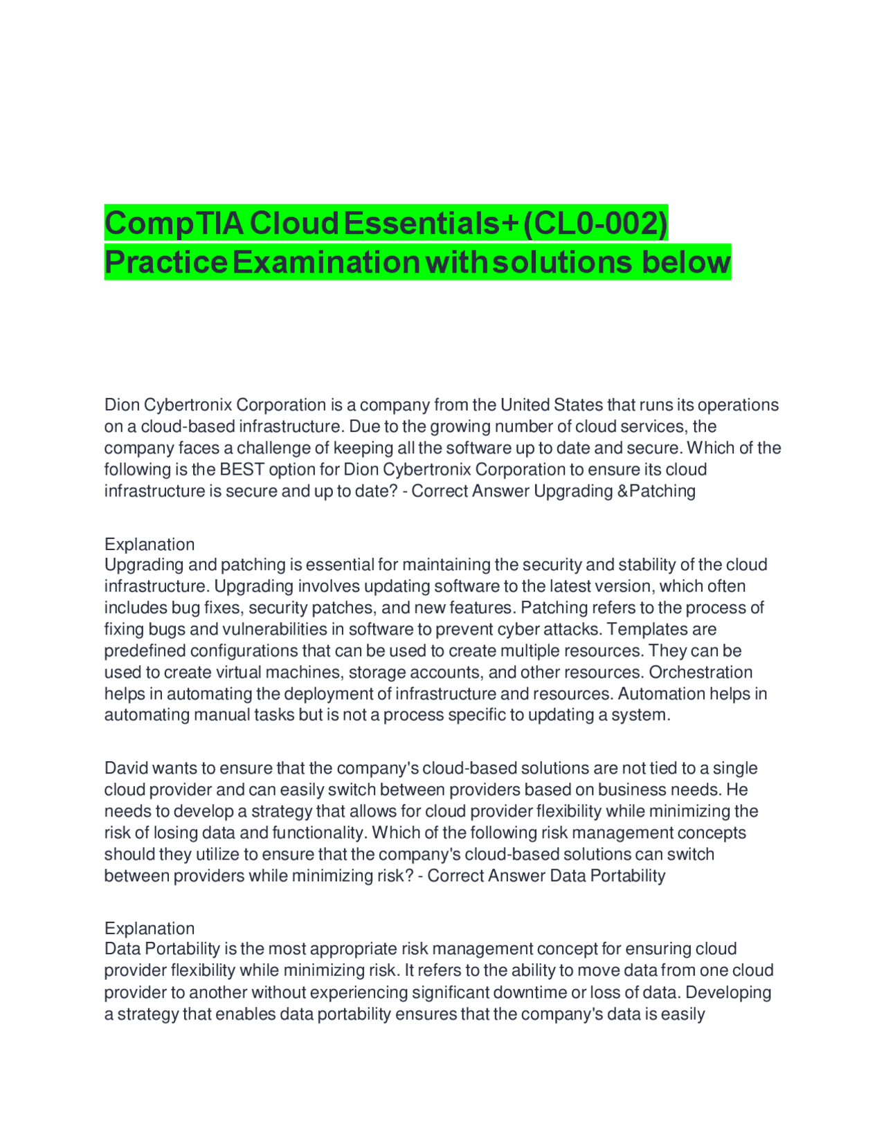 CompTIA Cloud Essentials+ (CL0-002) Practice Examination with solutions ...