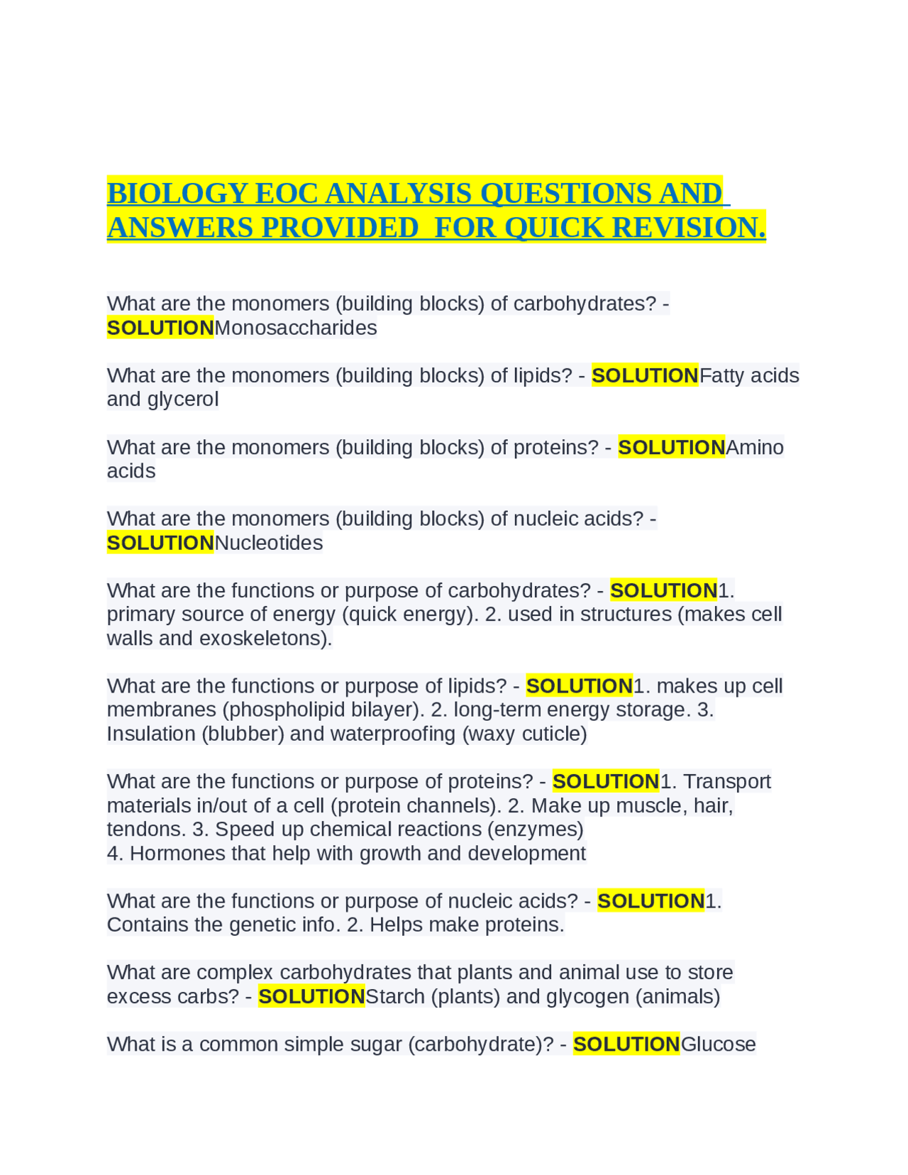 BIOLOGY EOC ANALYSIS QUESTIONS AND ANSWERS PROVIDED FOR QUICK REVISION ...