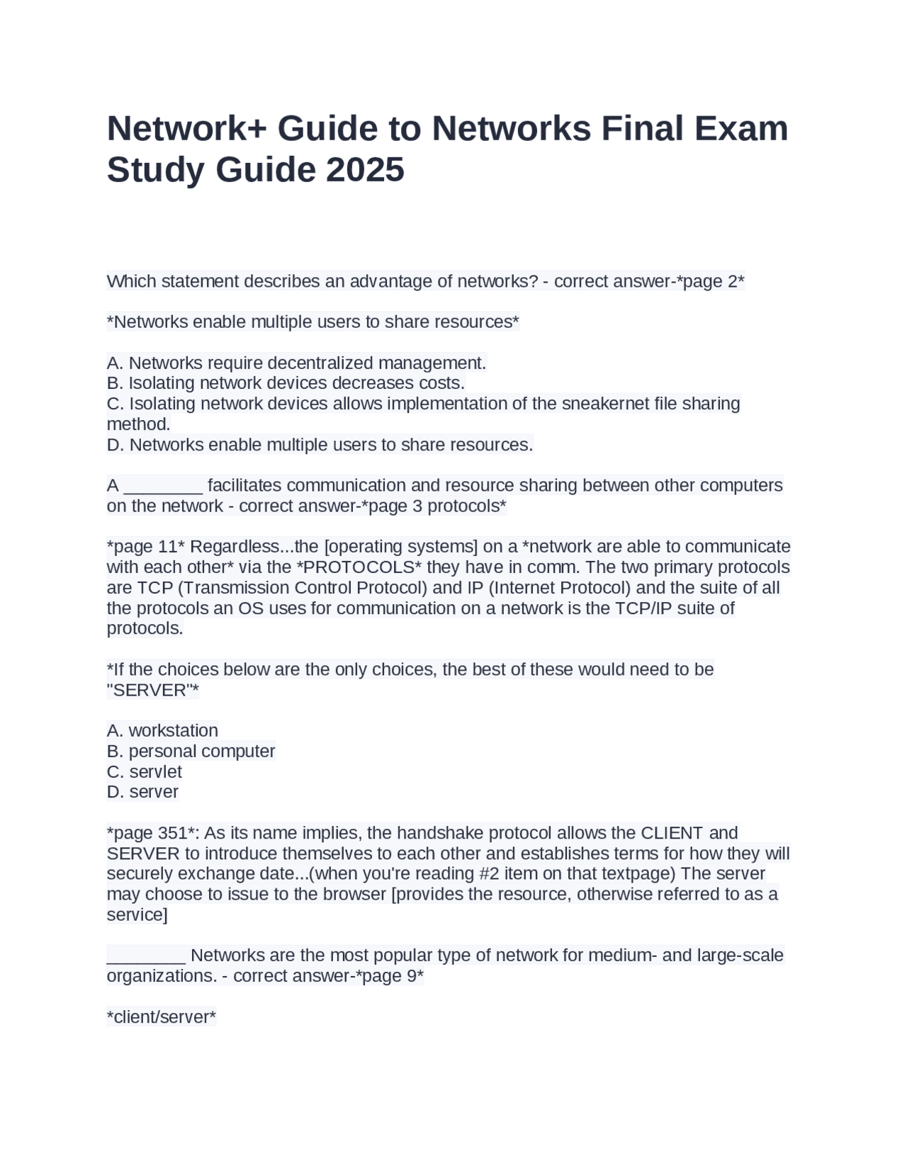 Network+ Guide to Networks Final Exam Study Guide 2025 | Exams Advanced ...