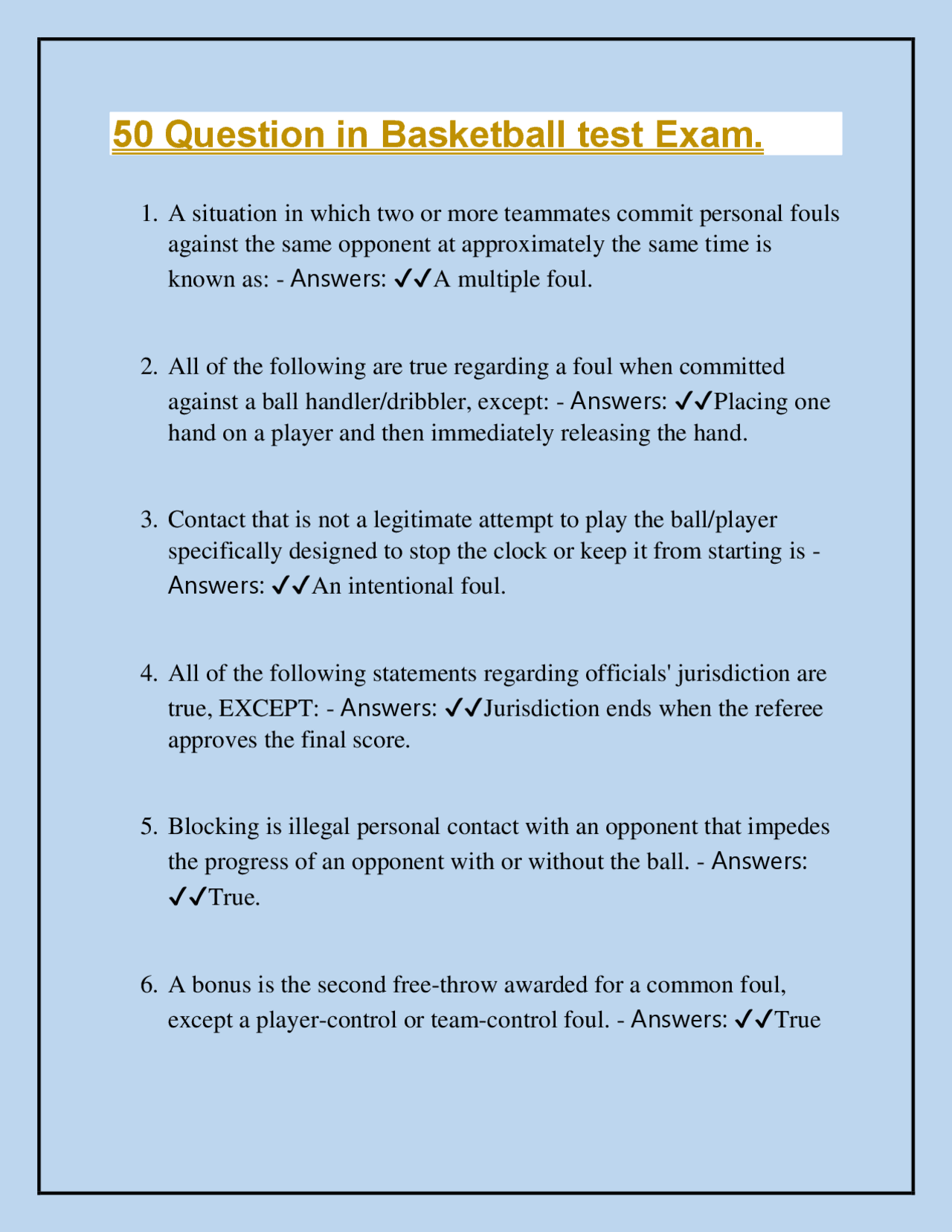 50 Question in Basketball test Exam | Exams Physical Activity and Sport ...