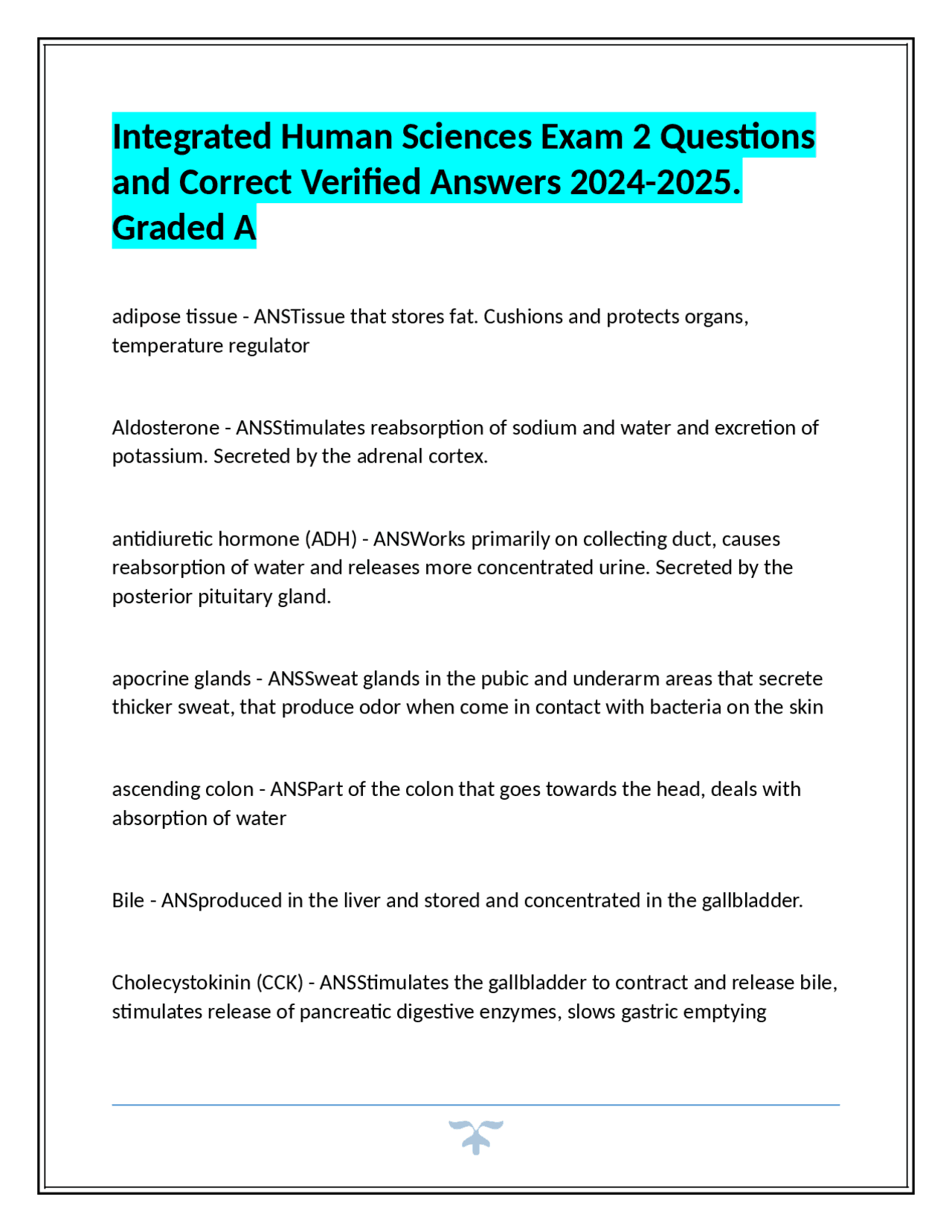 Integrated human sciences exam 2 questions and answers exams health