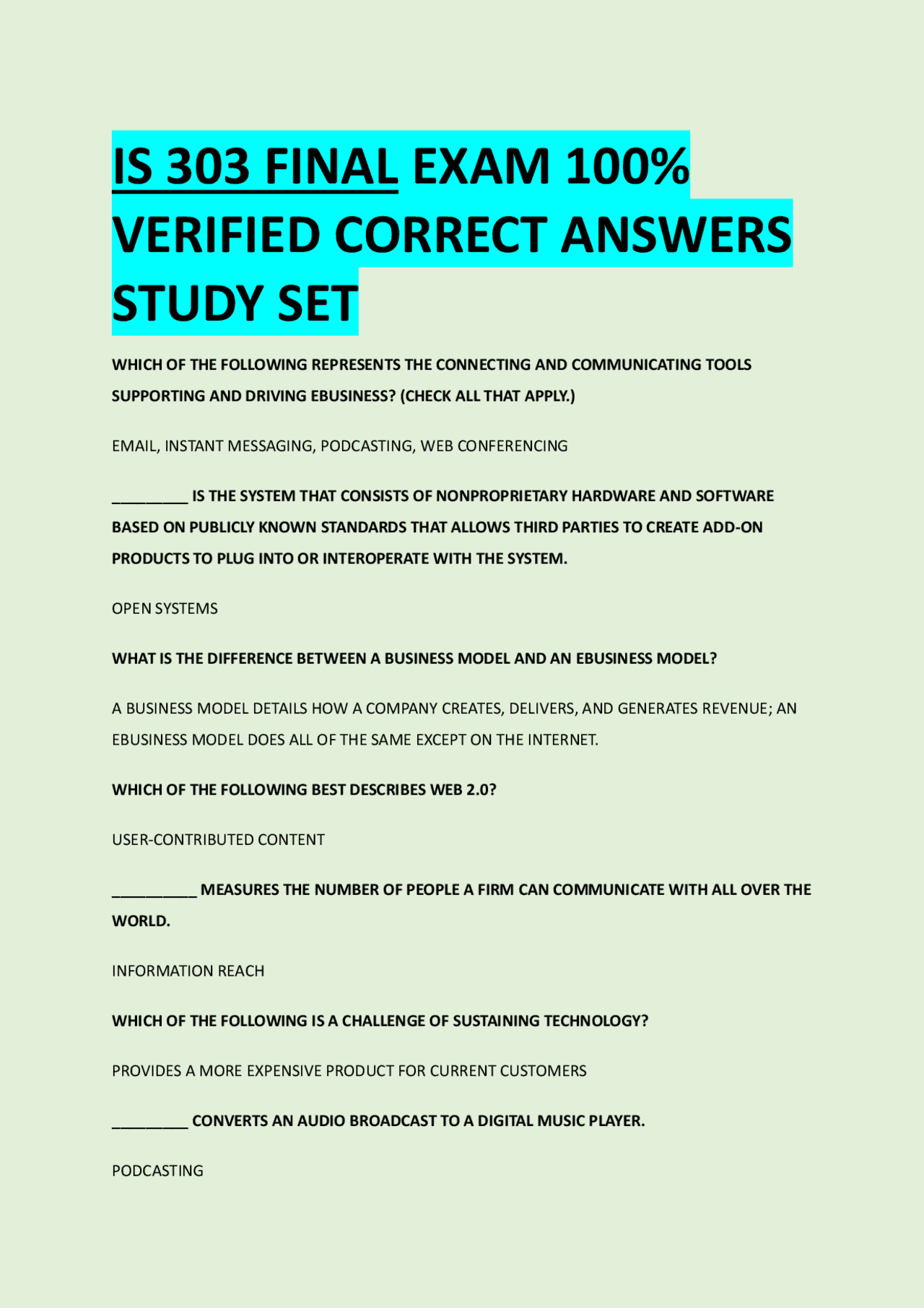 IS 303 FINAL EXAM 100% VERIFIED CORRECT ANSWERS STUDY SET | Exams ...