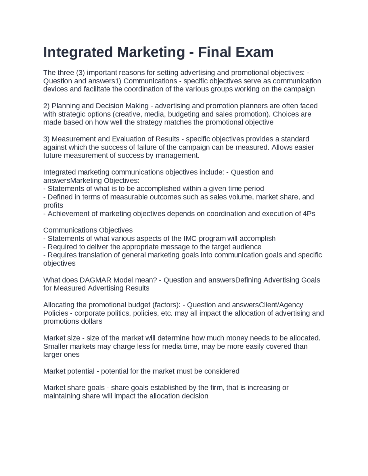 Integrated Marketing - Final Exam Questions and Answers | Exams ...