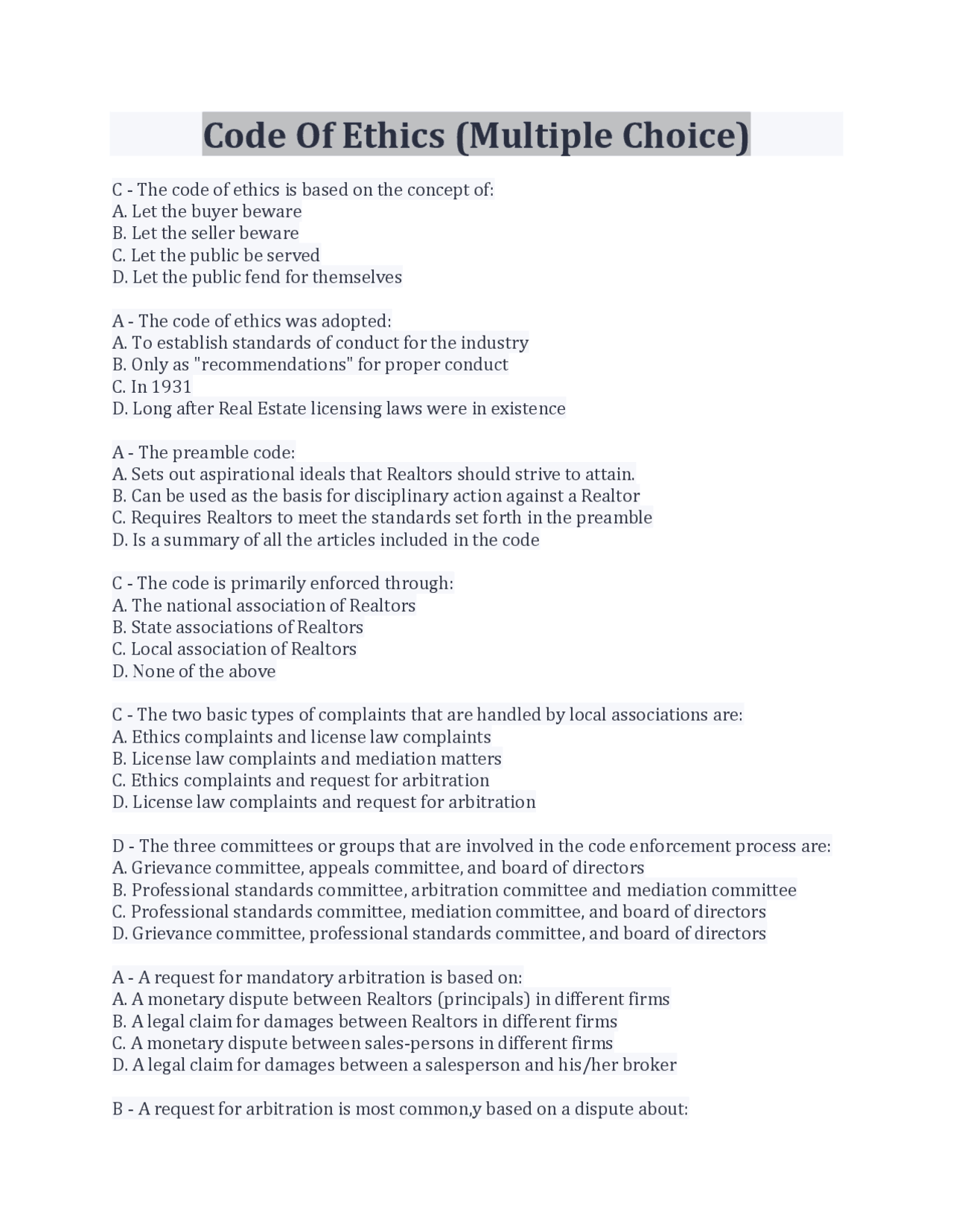 Code Of Ethics (Multiple Choice) | Exams Advanced Education | Docsity