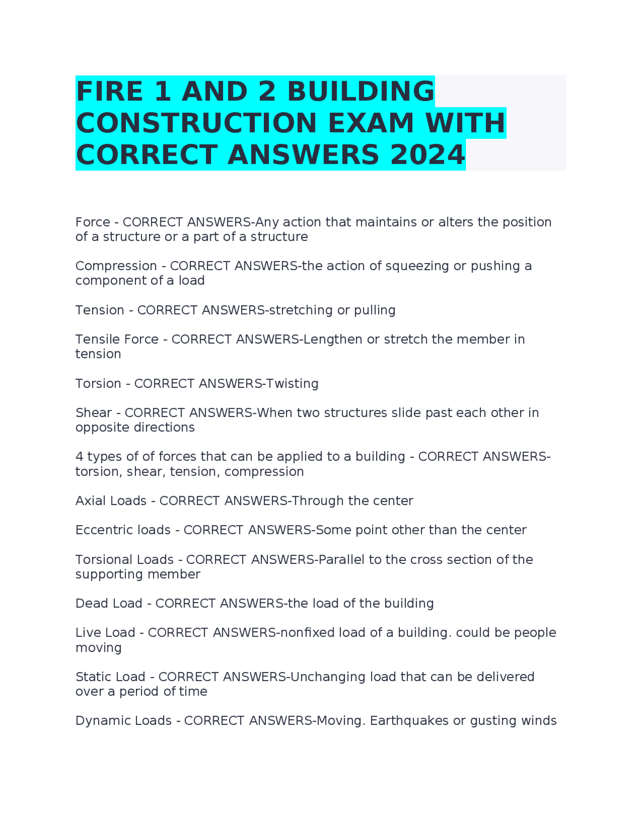 FIRE 1 AND 2 BUILDING CONSTRUCTION EXAM WITH CORRECT ANSWERS 2024 ...