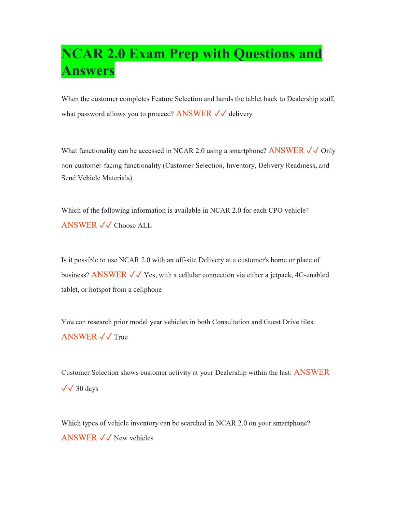 NCAR 2.0 Exam Prep with Questions and Answers | Exams Engineering | Docsity