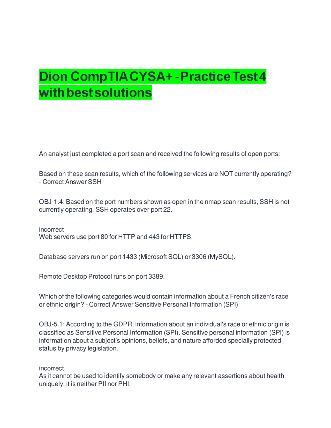 CompTIA CYSA+ Practice Test 4 with Best Solutions | Exams Computer ...