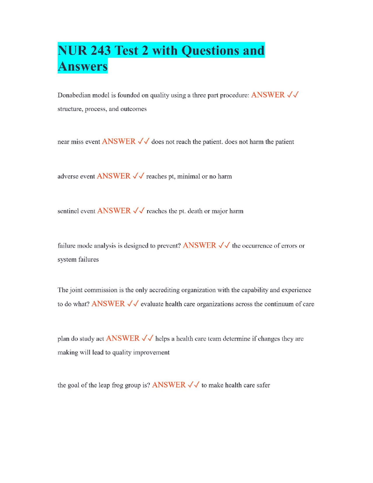 NUR 243 Test 2 with Questions and Answers | Exams Nursing | Docsity