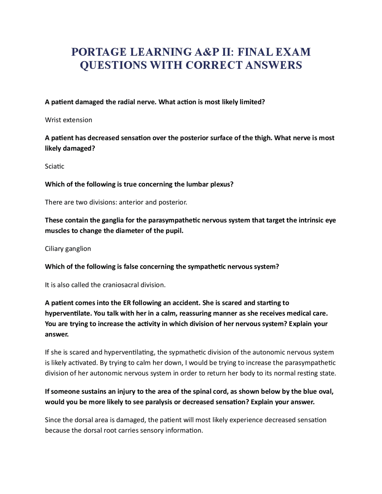 PORTAGE LEARNING A&P II FINAL EXAM QUESTIONS WITH ANSWERS | Exams ...