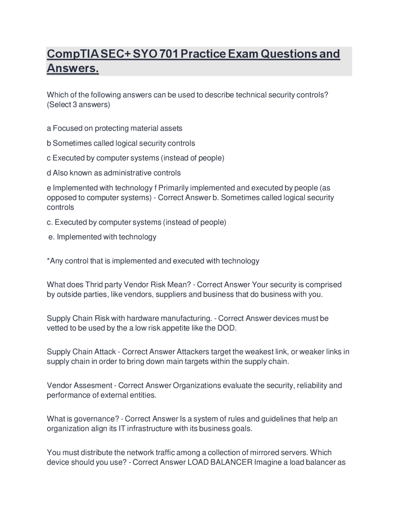 CompTIA SEC+ SYO 701 Practice Exam Questions and Answers. | Exams ...