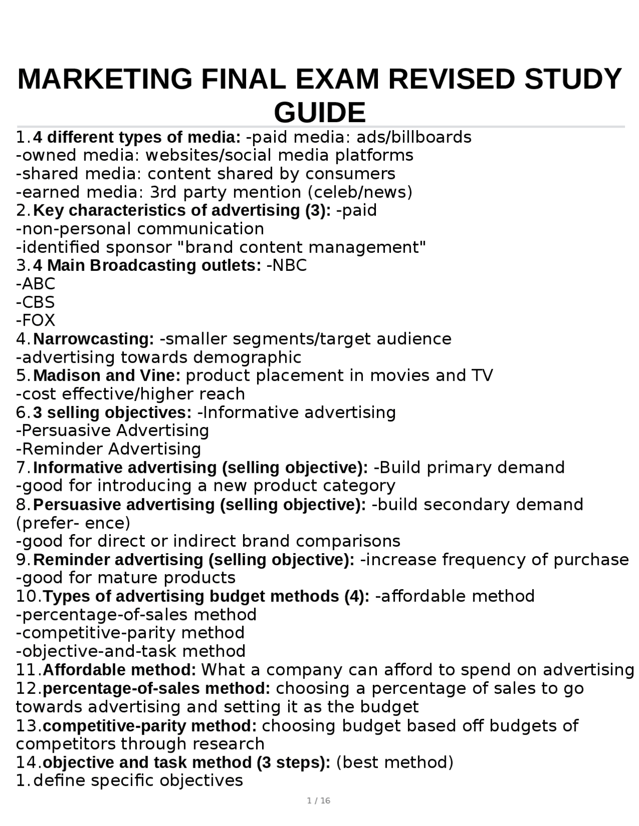 Marketing Final Exam Study Guide: Comprehensive Overview of Key ...
