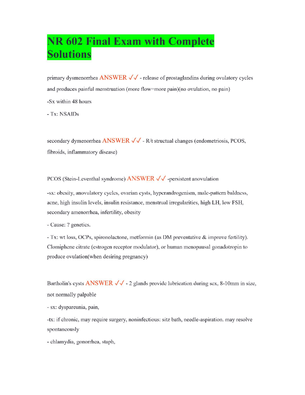 NR 602 Final Exam with Complete Solutions | Exams Nursing | Docsity