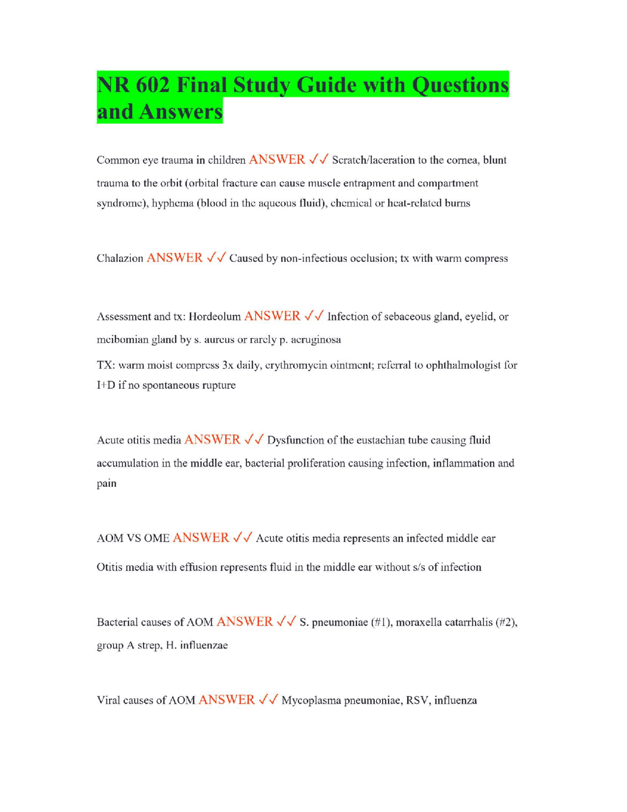 NR 602 Final Study Guide with Questions and Answers | Exams Nursing ...