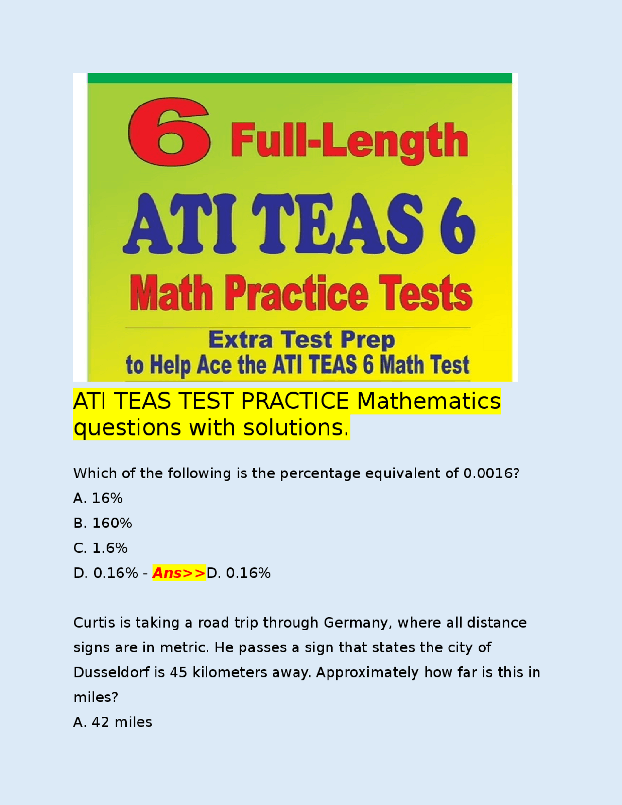Practice Questions for Standardized Nursing Entrance Exam: Mathematics ...