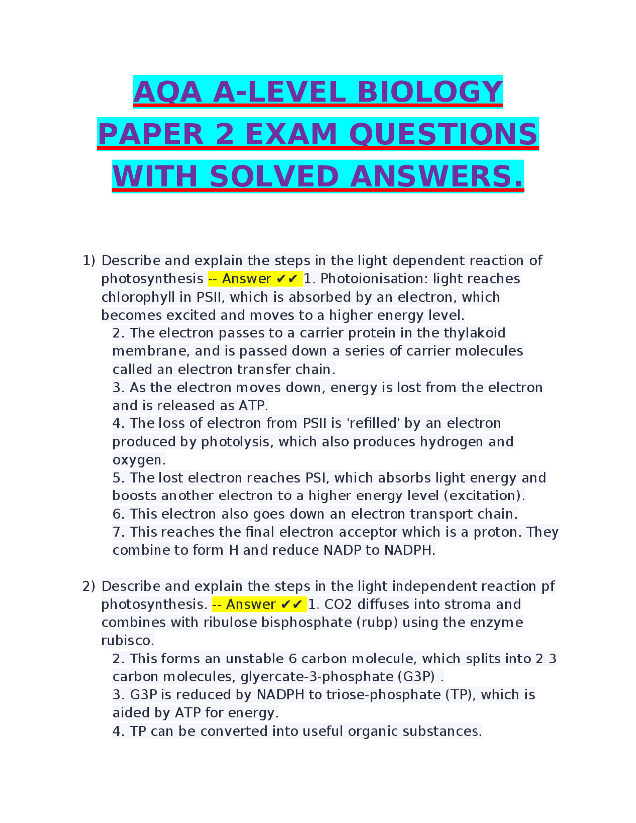 AQA A-LEVEL BIOLOGY PAPER 2 EXAM QUESTIONS WITH SOLVED ANSWERS. | Exams ...