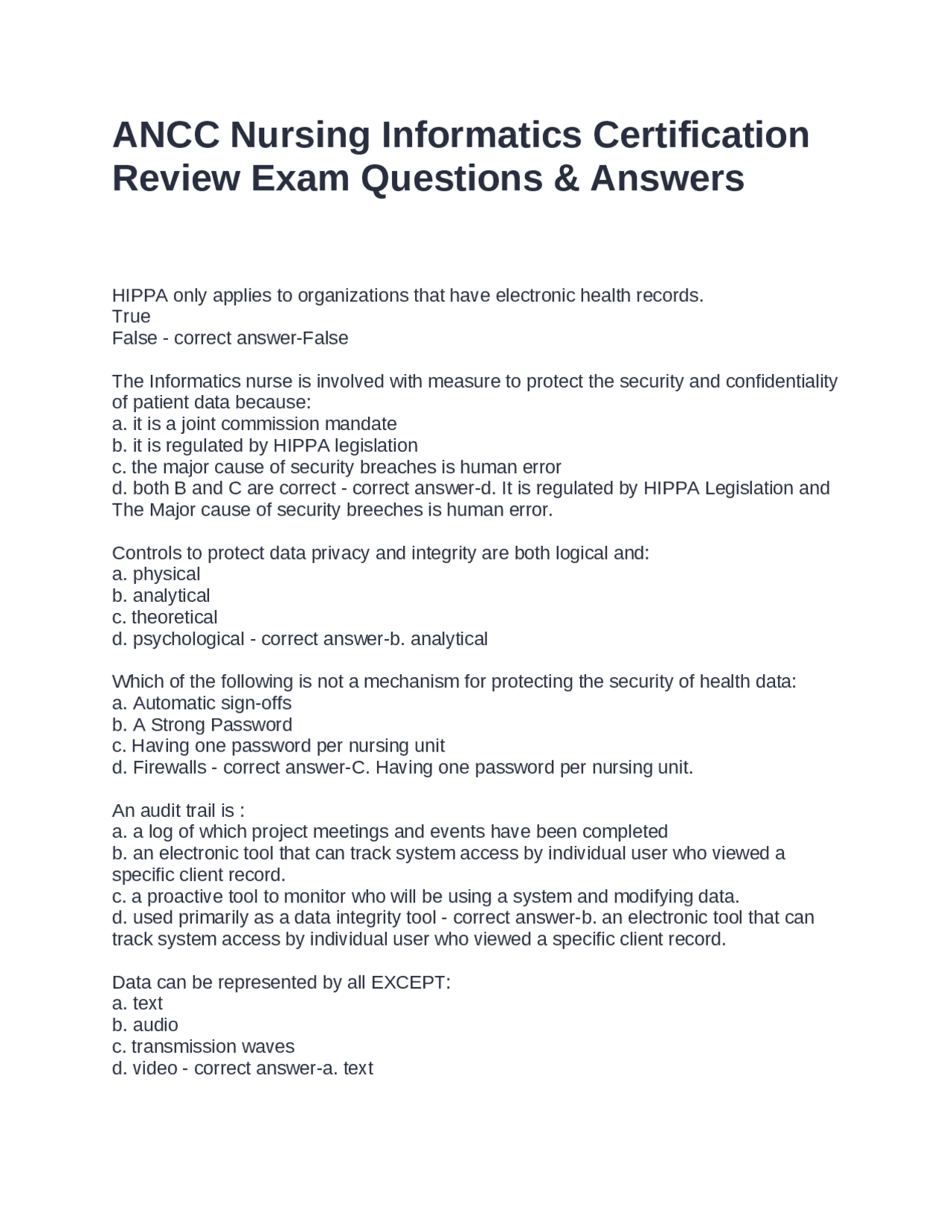 ANCC Nursing Informatics Certification Review Exam Questions & Answers ...