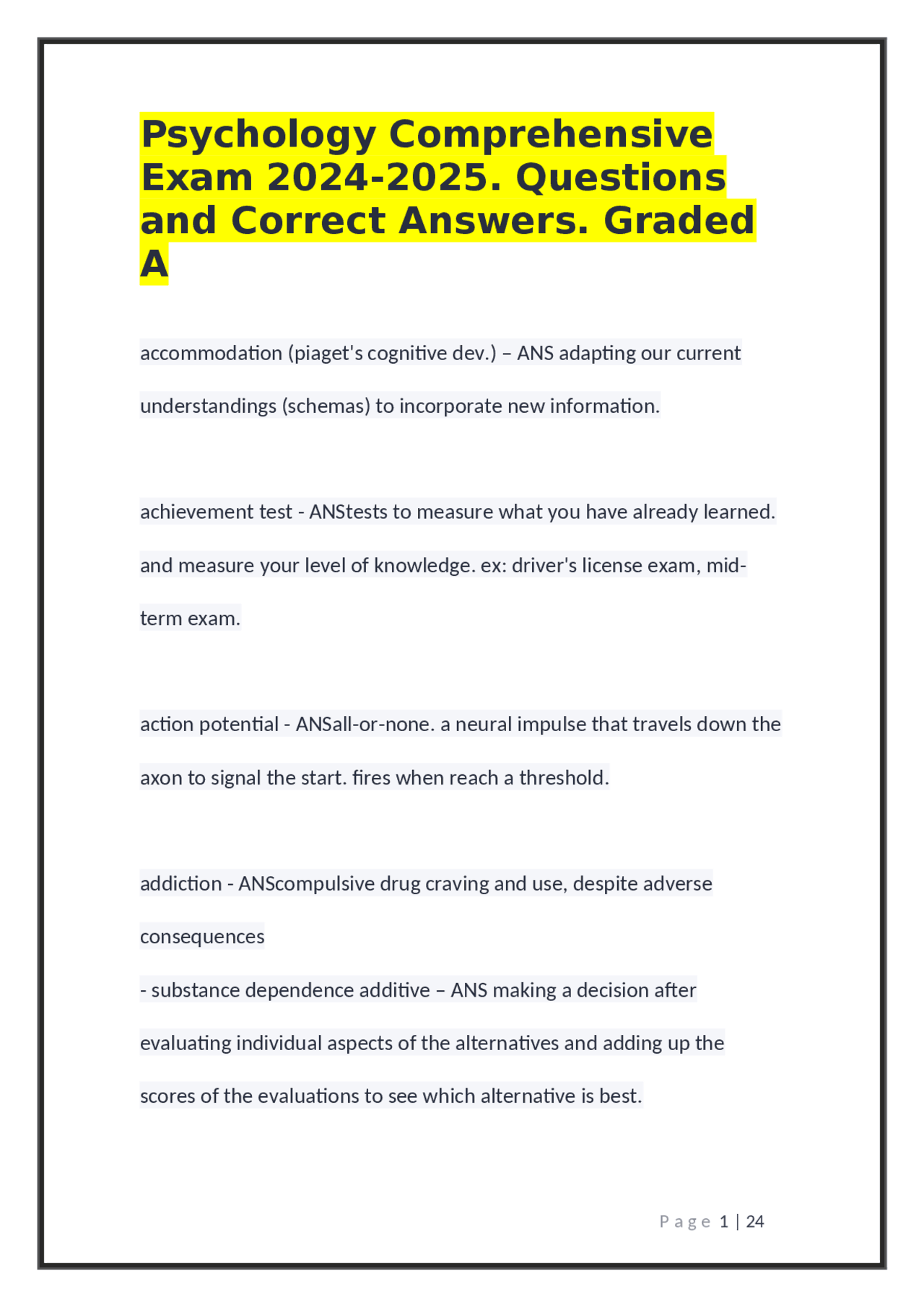 Psychology Comprehensive Exam 2024-2025: Questions and Answers | Exams ...