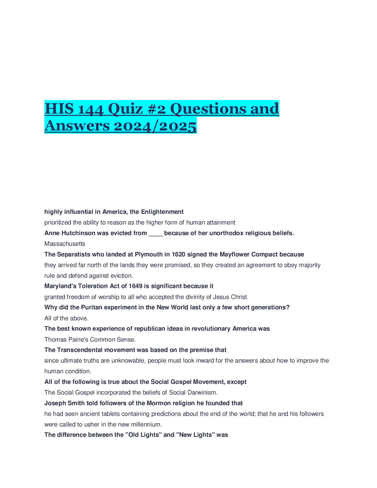 HIS 144 Quiz #2 Questions and Answers 2024/2025 | Exams History | Docsity