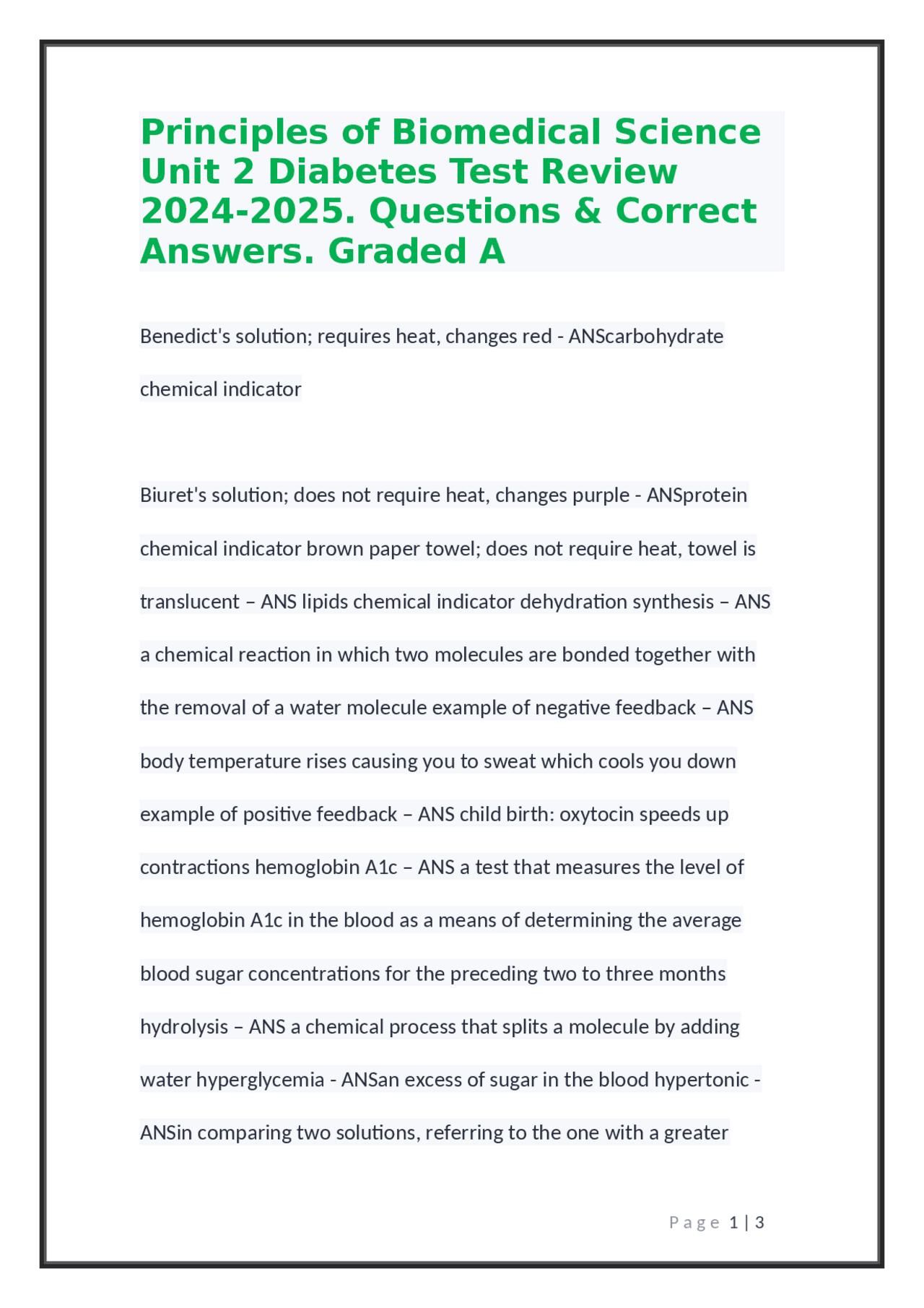 Principles of Biomedical Science: Unit 2 Diabetes Test Review ...