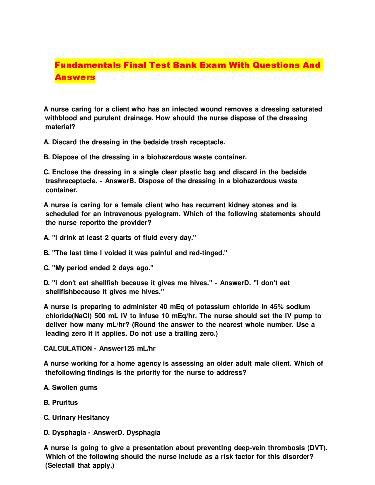 Fundamentals of Nursing Final Test Bank Exam With Questions and Answers ...