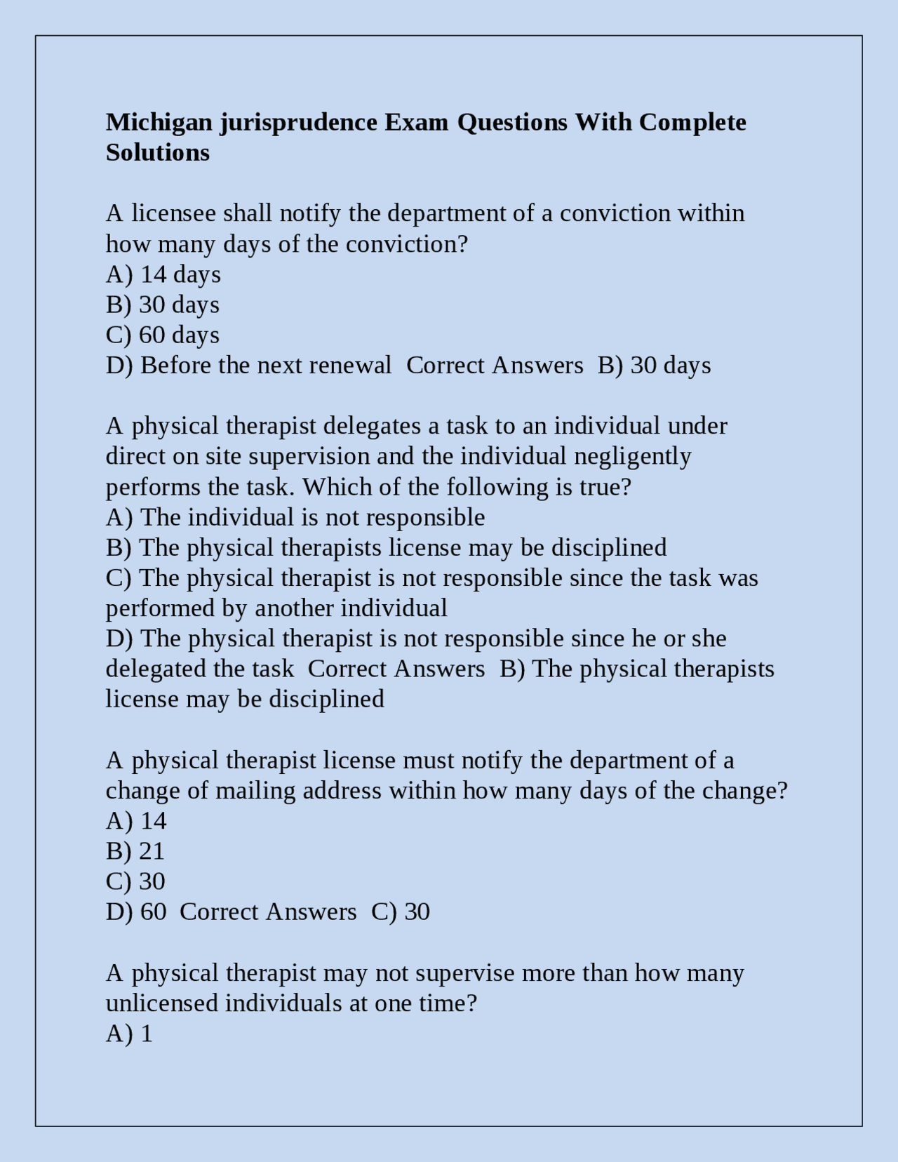 Michigan Jurisprudence Exam Questions for Physical Therapists | Exams ...