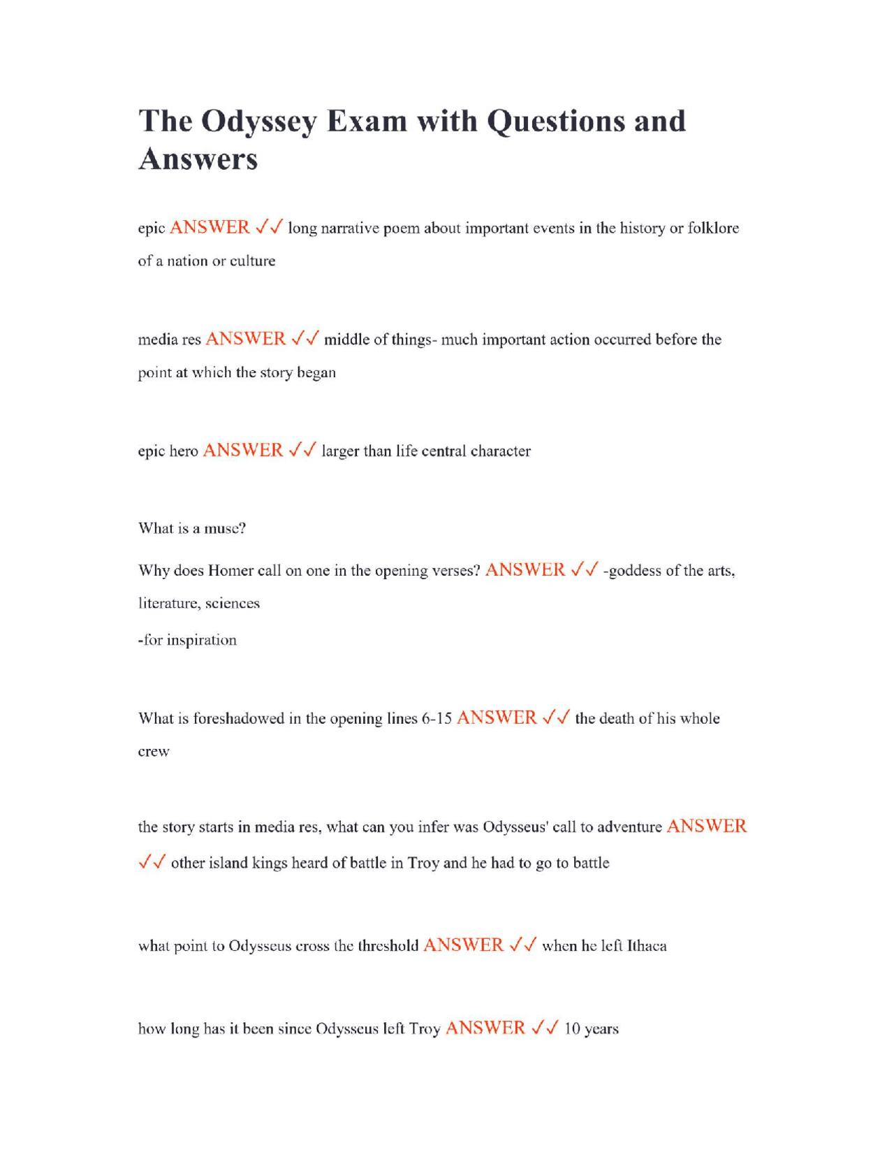 The Odyssey Exam with Questions and Answers | Exams Humanities | Docsity