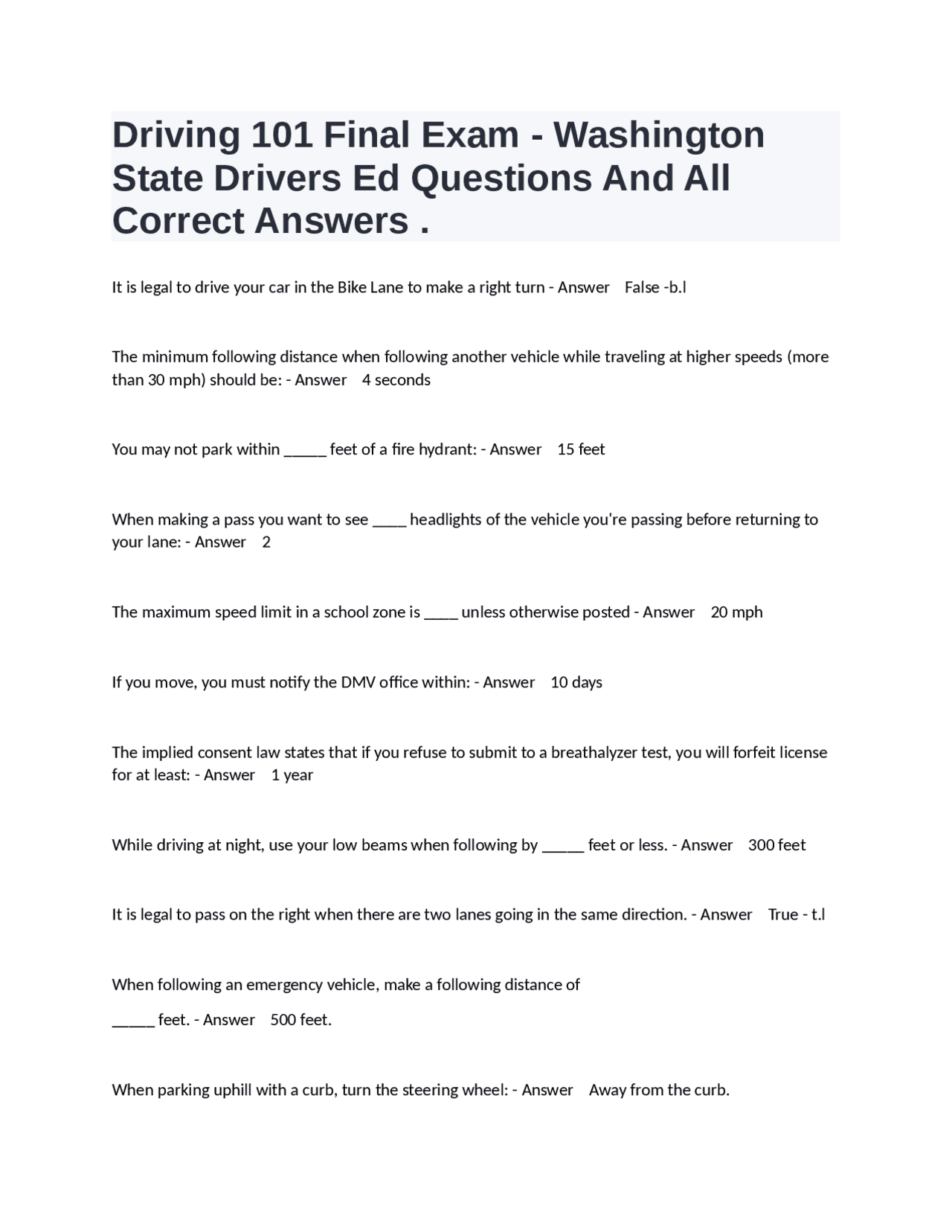 Washington Dmv Final How Many Questions Driving 101 Final Exam - Washington State Drivers Ed Questions And All ...