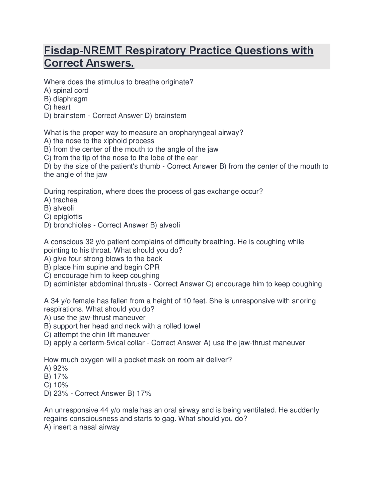 Fisdap-NREMT Respiratory Practice Questions with Correct Answers ...