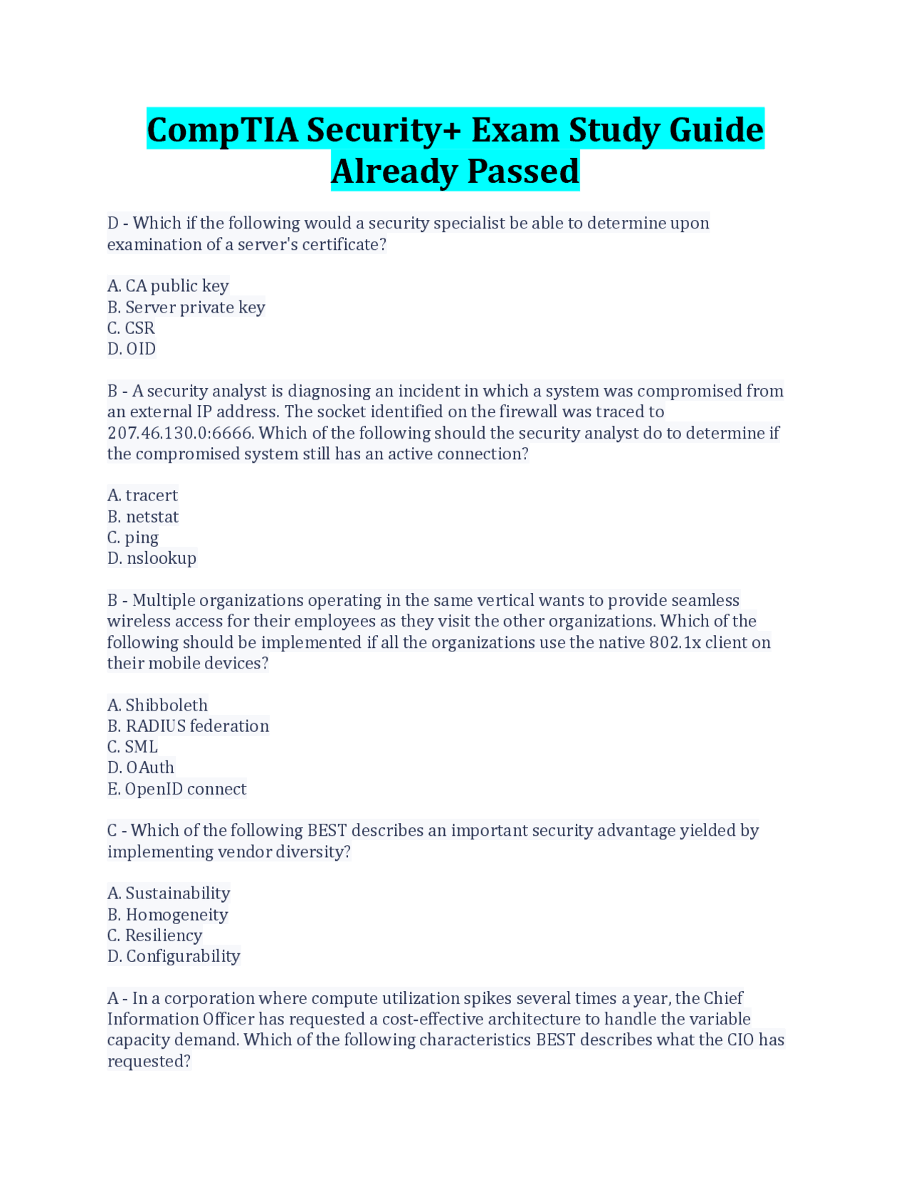 CompTIA Security+ Exam Study Guide: Multiple Choice Questions and ...