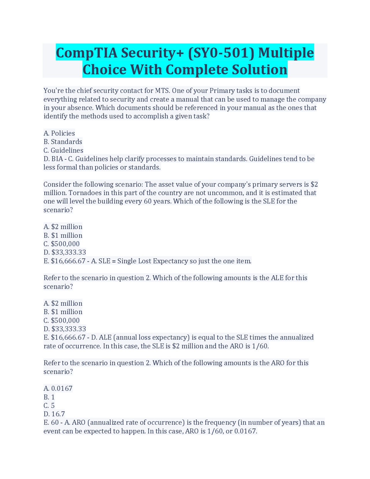 CompTIA Security+ (SY0-501) Multiple Choice Questions and Answers ...