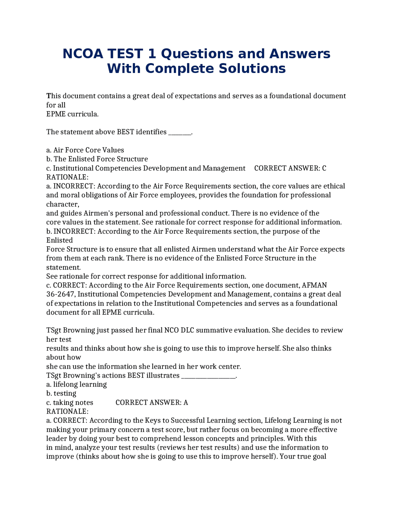 NCOA Test 1 Questions and Answers: A Guide to EPME Curricula | Exams ...