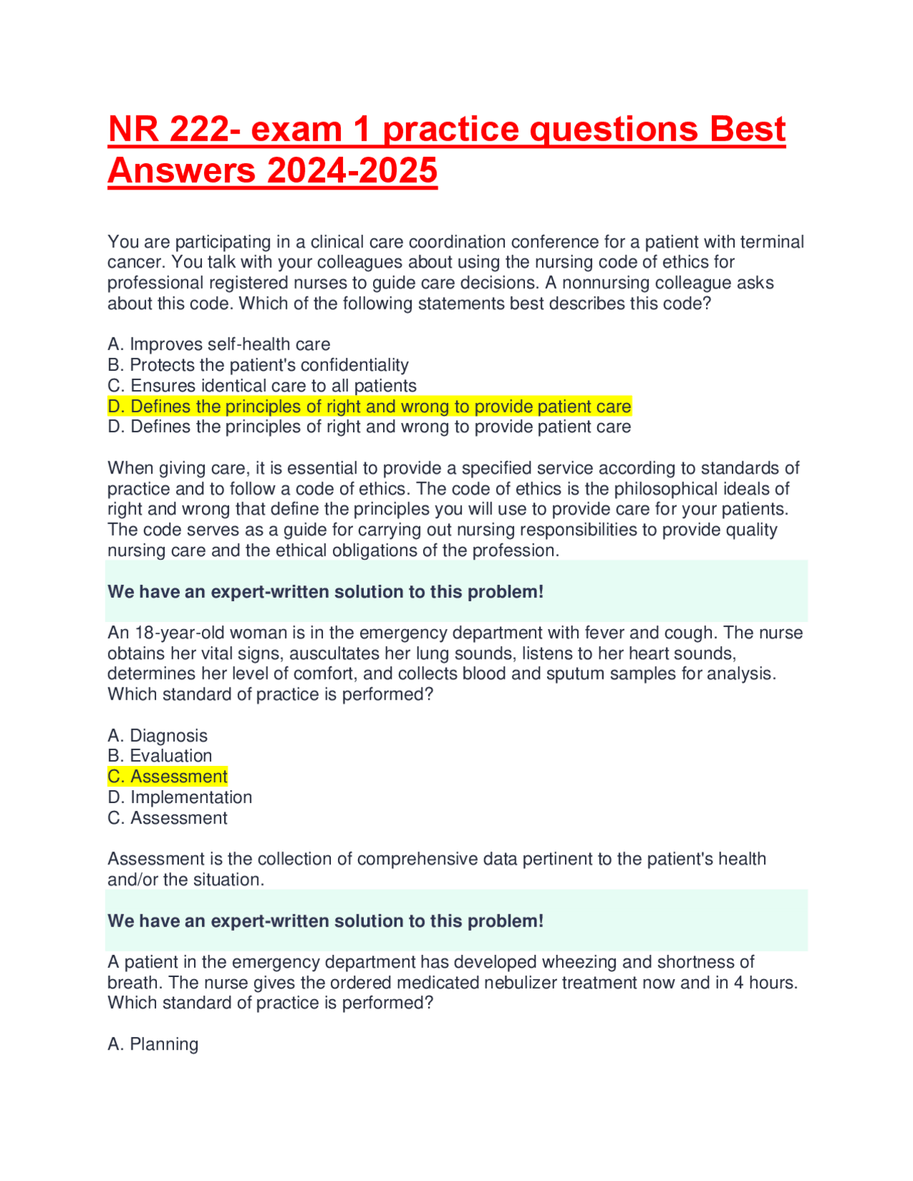 NR 222- exam 1 practice questions Best Answers 2024-2025 | Exams Health ...
