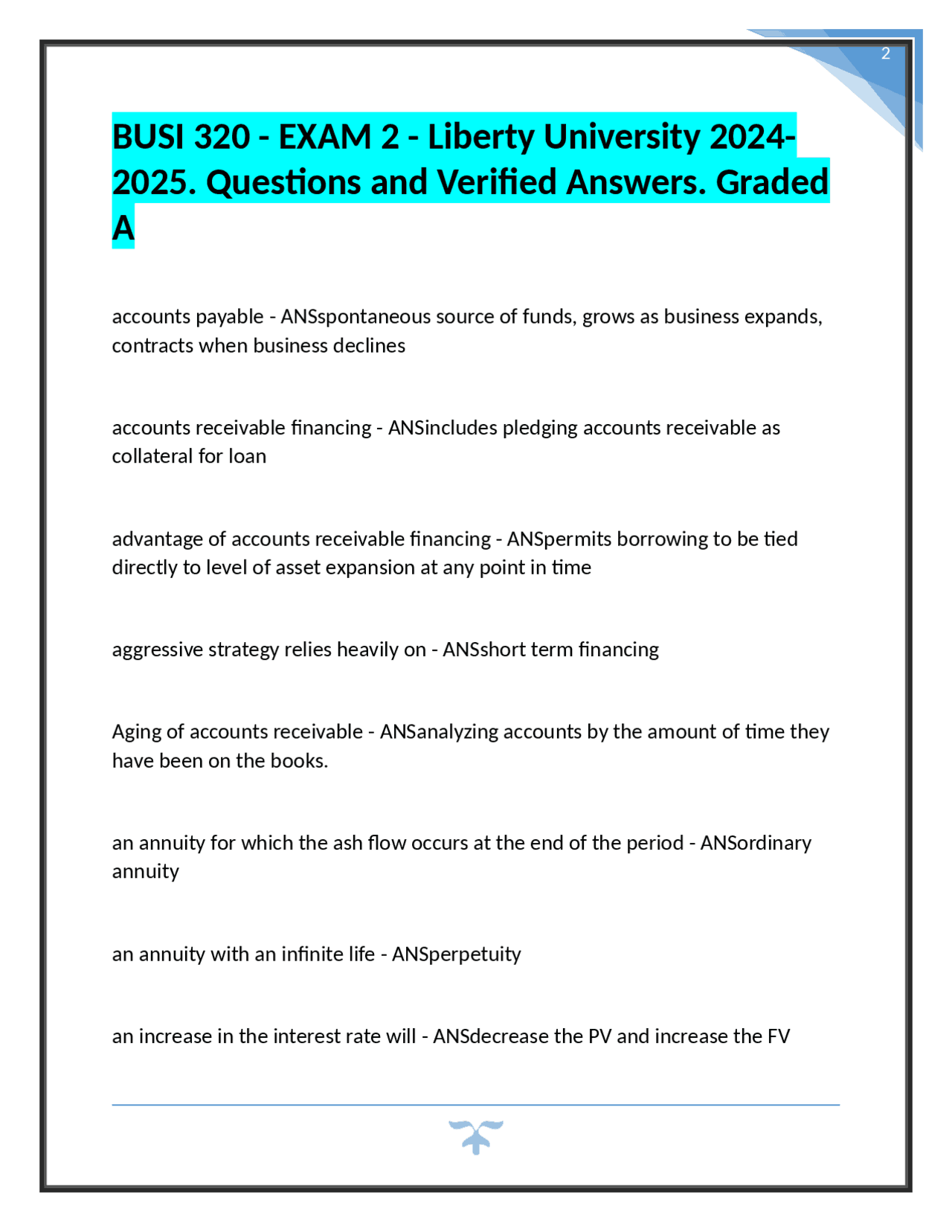 BUSI 320 - EXAM 2 - Liberty University 20242025: Questions and Verified ...