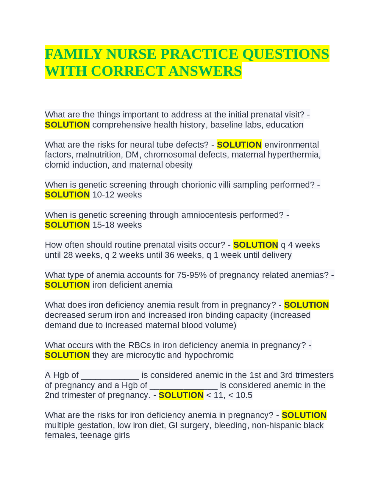 Family Nurse Practice: Prenatal & Postpartum Care Guide | Exams Nursing ...