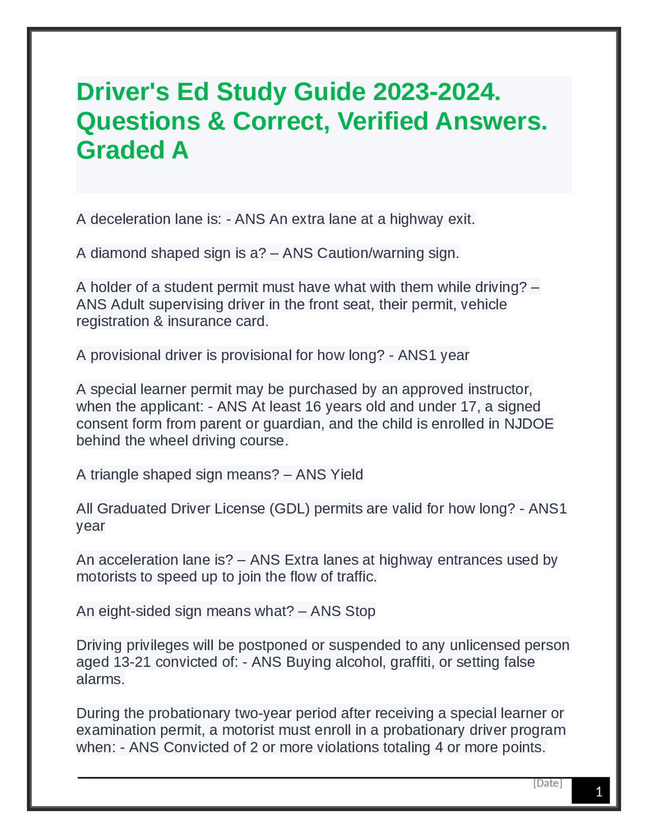 Driver's Ed Study Guide 2023-2024. Questions & Correct, Verified ...