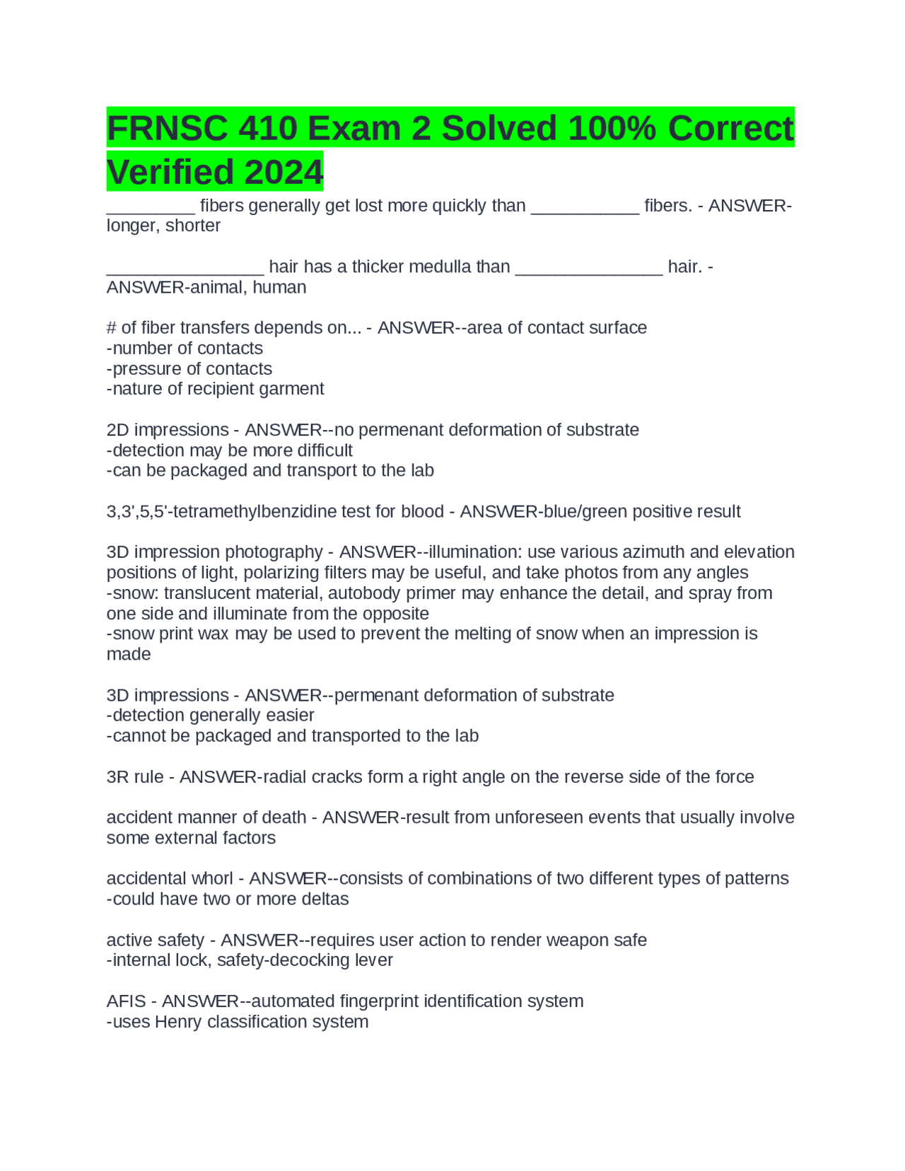 FRNSC 410 Exam 2 Solved: Forensic Science Questions and Answers | Exams ...