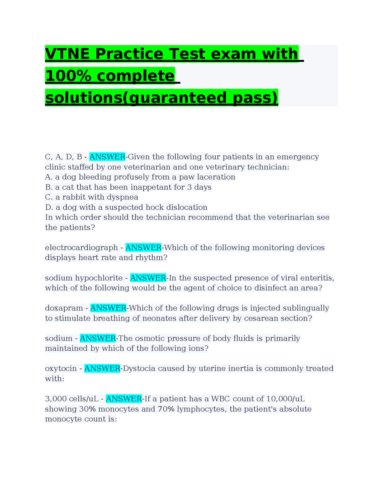 VTNE Practice Test exam with 100% complete solutions(guaranteed pass ...