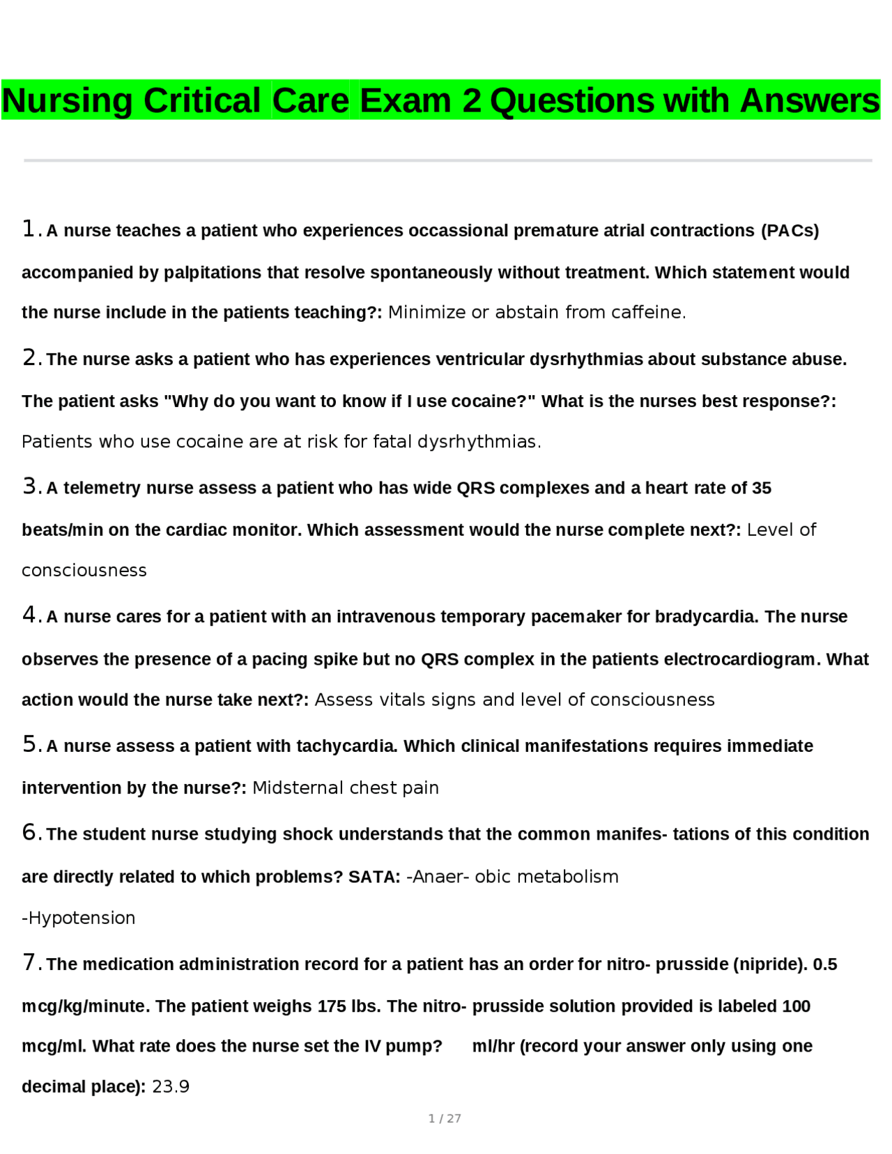 Nursing Critical Care Exam 2 Questions with Answers | Exams Nursing ...