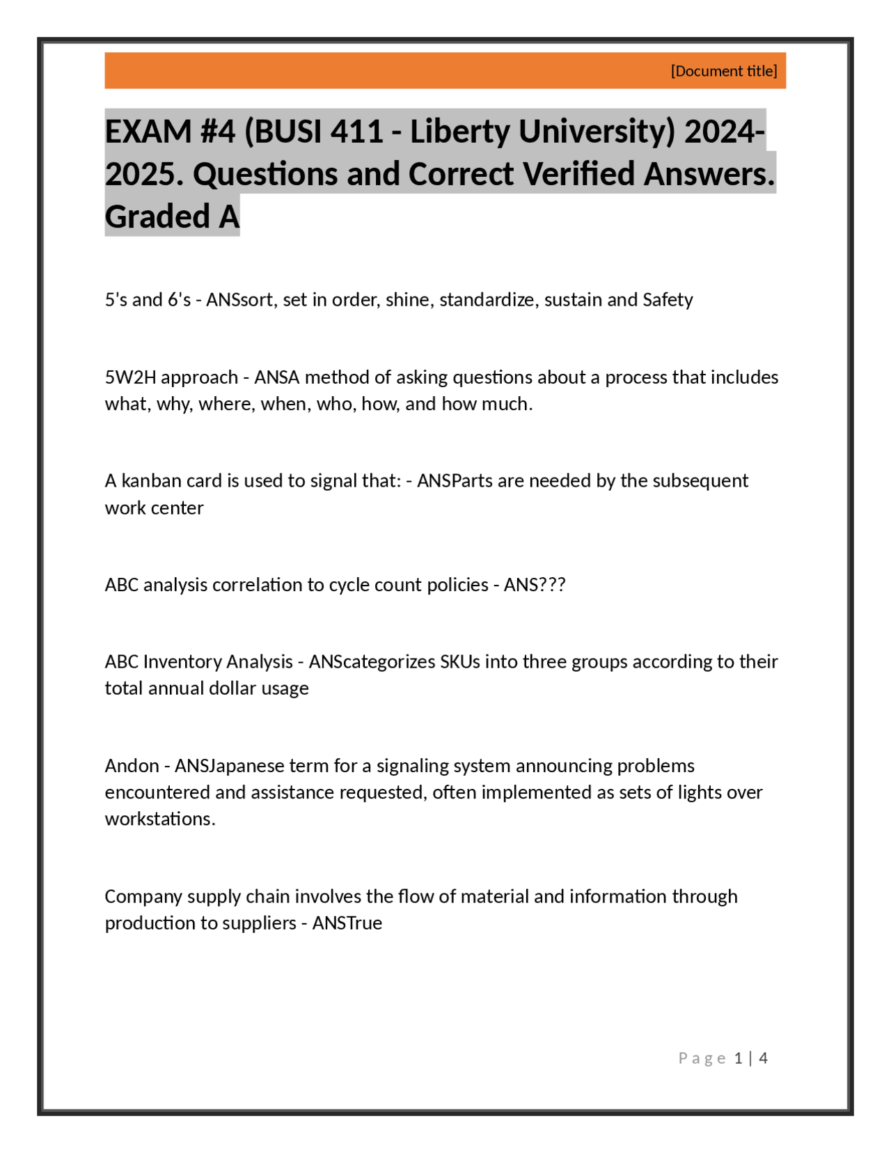 BUSI 411 - Liberty University: Exam #4 Questions and Answers | Exams ...